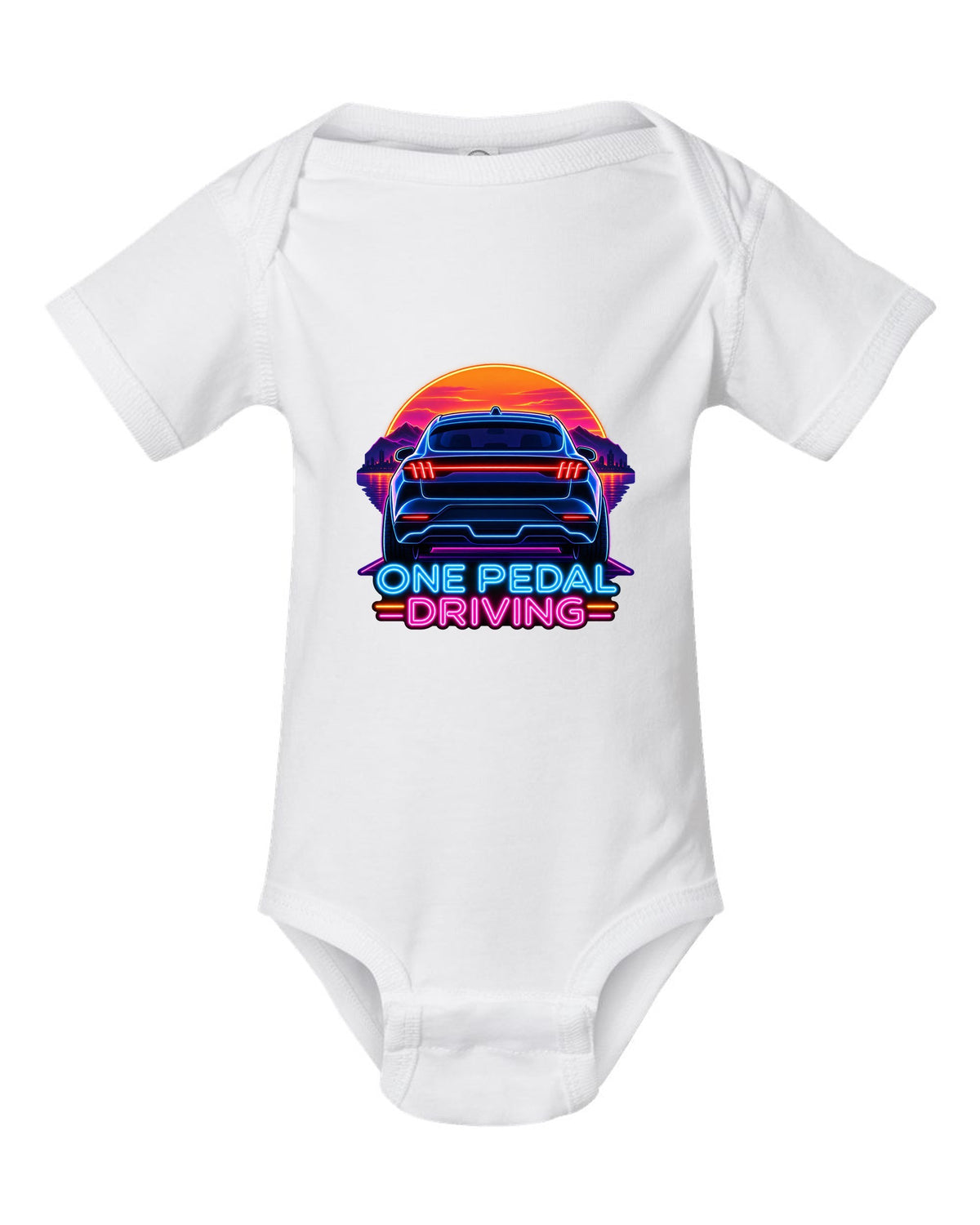 Neon sign print of the 2020 Mustang Mach-E CX727 tail bar reading One Pedal Driving white baby onesie front view with the design
