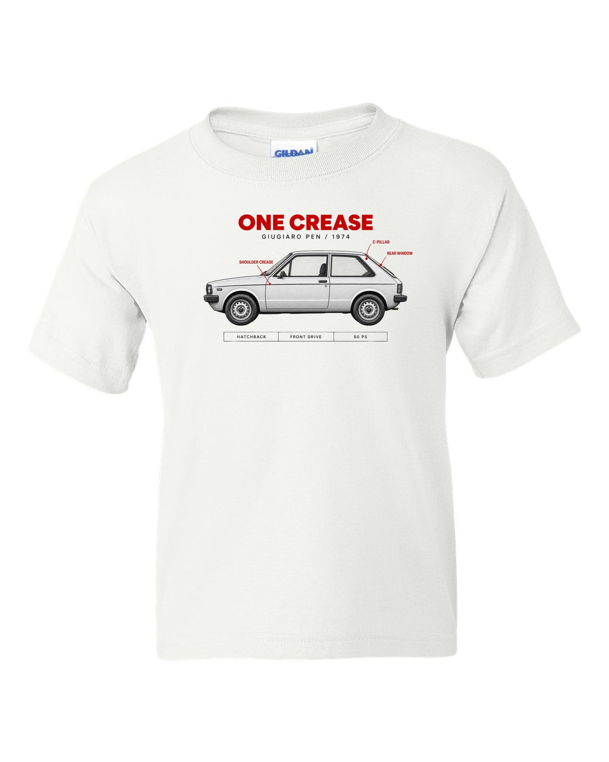 VW Golf Mk1 1974 Giugiaro Spec Poster print white kids tee front view with the design