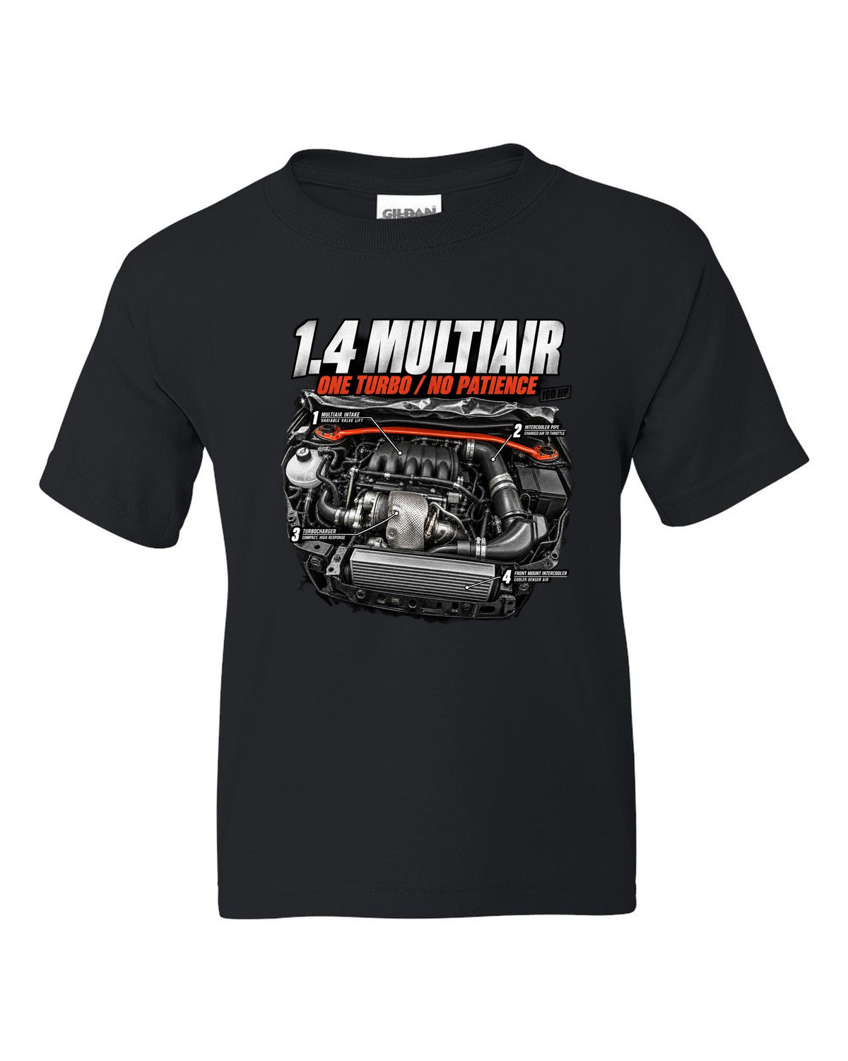 Engine hero print of the Fiat 500 Abarth 1.4 MultiAir turbo with 160 HP text black kids tee front view with the design