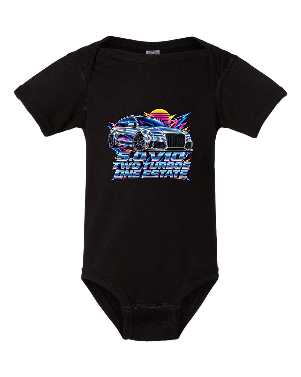 80s airbrush chrome design of the Audi RS6 Avant C6 4F with 5.0 V10 two turbos one estate lettering black baby onesie front view with the design