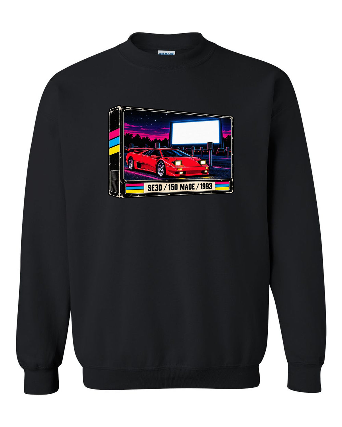 VHS cassette packaging style print of a 1993 Lamborghini Diablo SE30 with 150 made lettering black crewneck front view with the design
