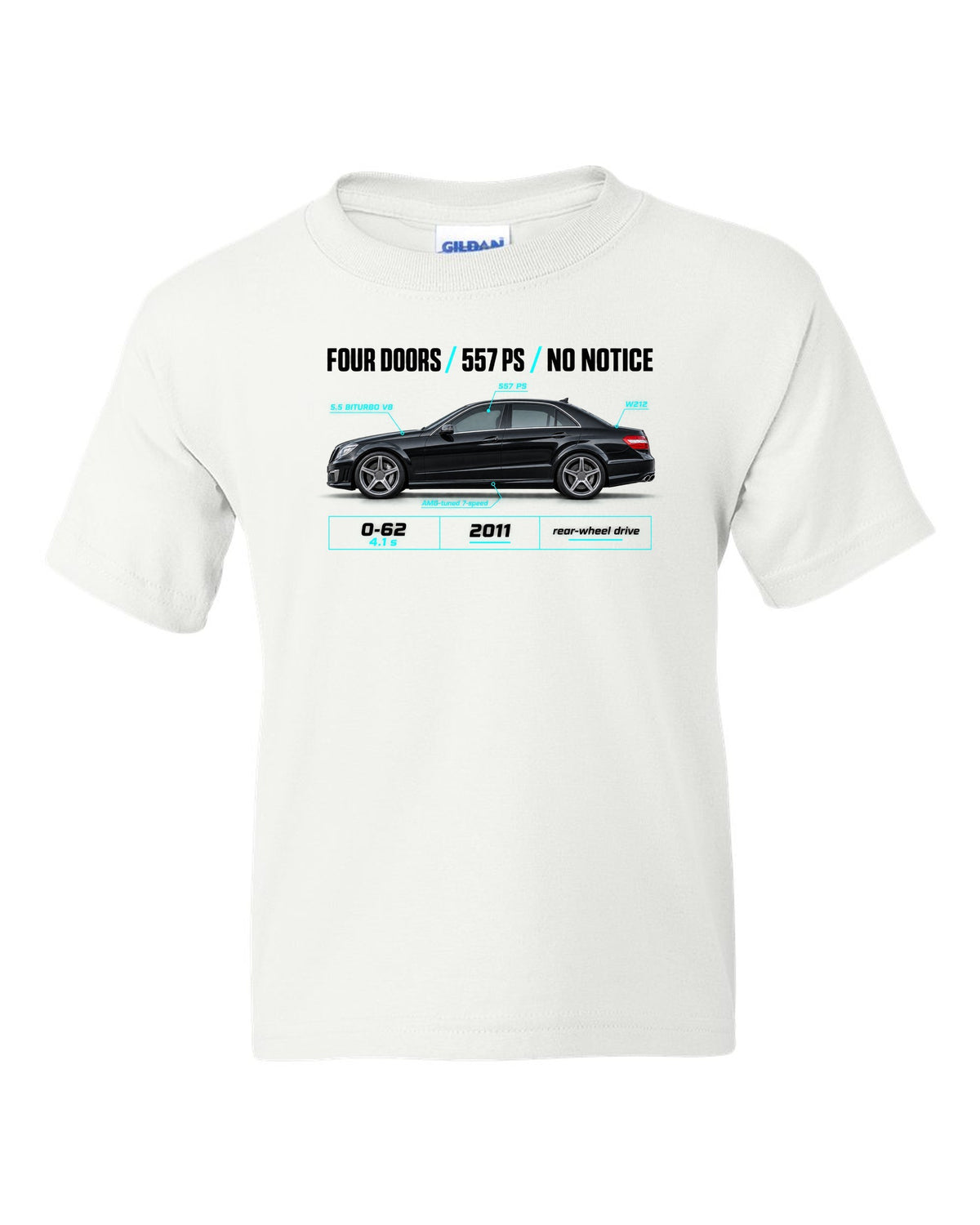 print spec poster of a 2011 Mercedes E63 AMG W212 sedan with text Four Doors 557 PS No Notice white kids tee front view with the design
