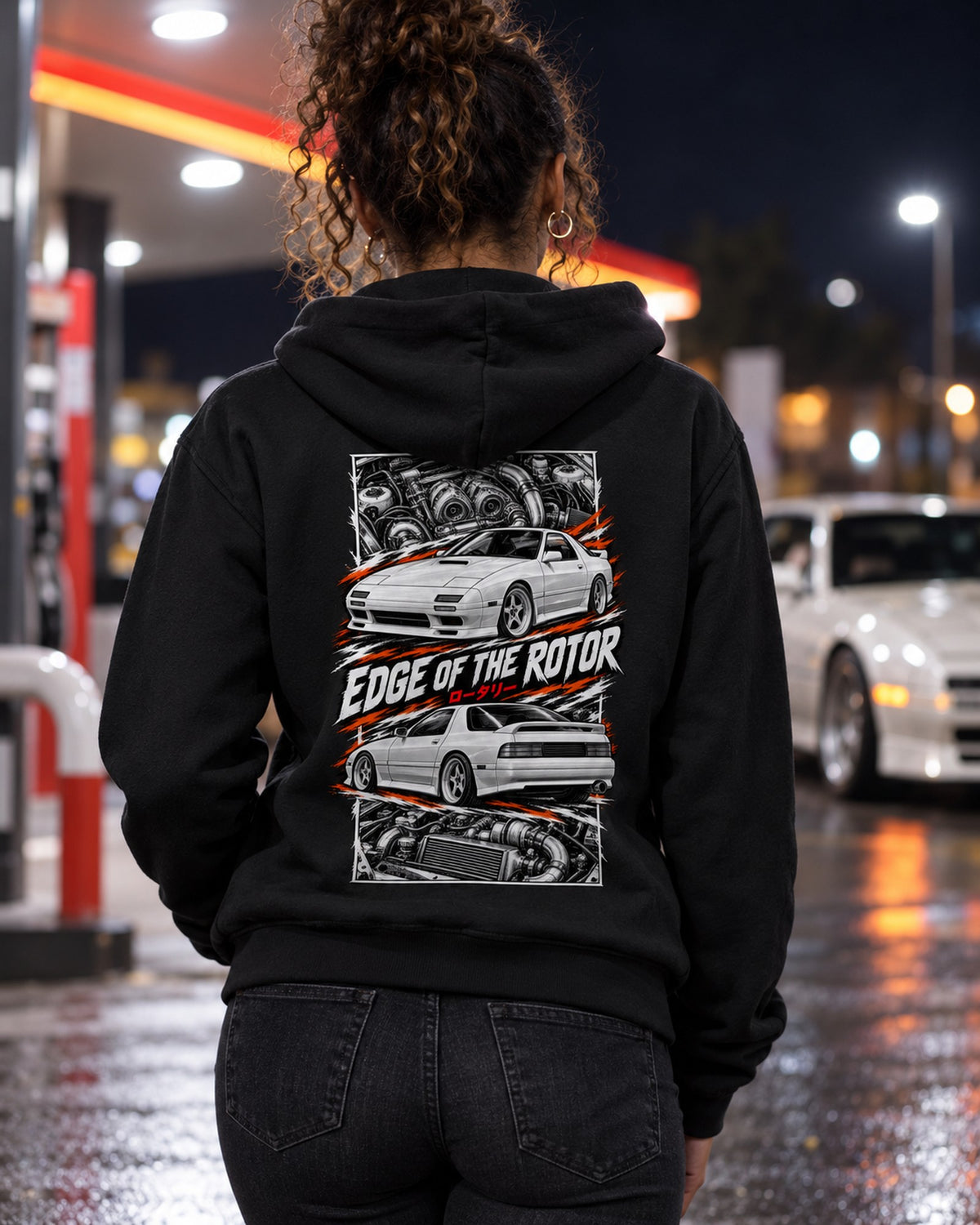 Mazda RX-7 Fc3S Torn Poster Full-Back Graphic Tee Zip Hoodie Black worn hero