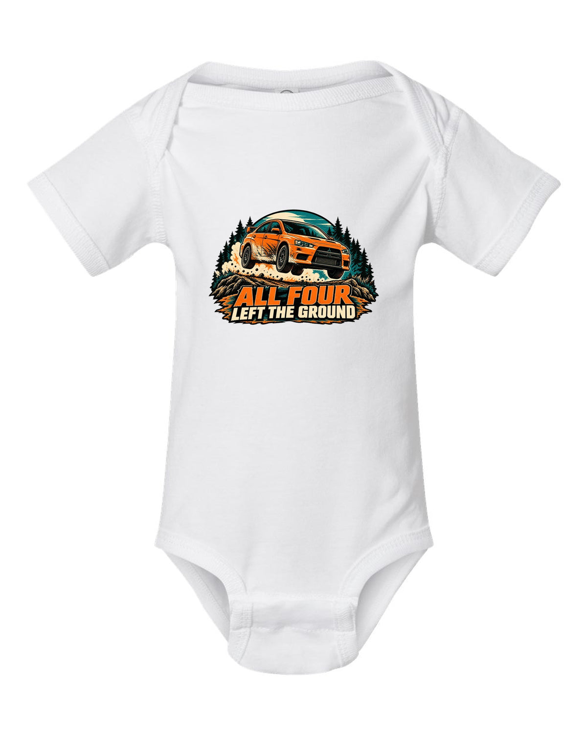 Flat vector minimalist print of the Mitsubishi Evo X CZ4A with aluminium block 291 HP text white baby onesie front view with the design