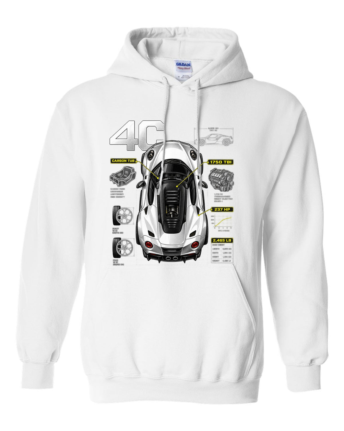 Overhead spec poster print of an Alfa Romeo 4C with carbon tub and 237 HP text white pull over hoodie front view with the design