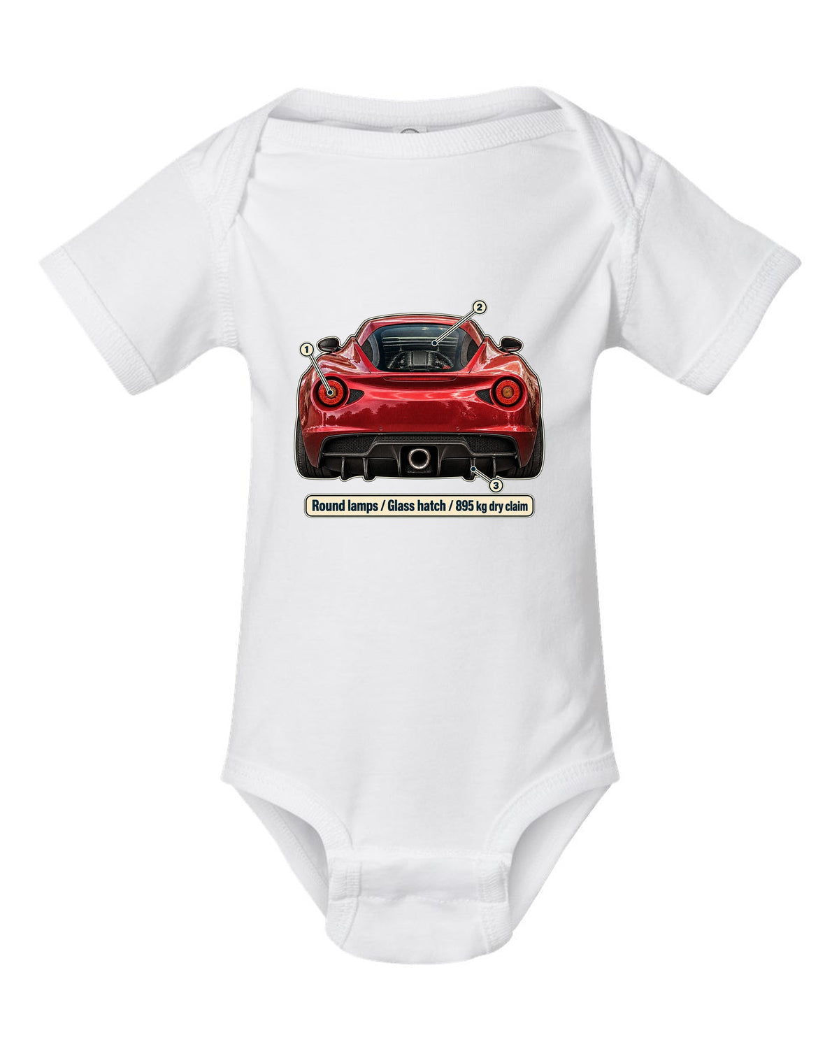 Taillight macro print of the Alfa Romeo 4C showing round lamps and glass ch white baby onesie front view with the design