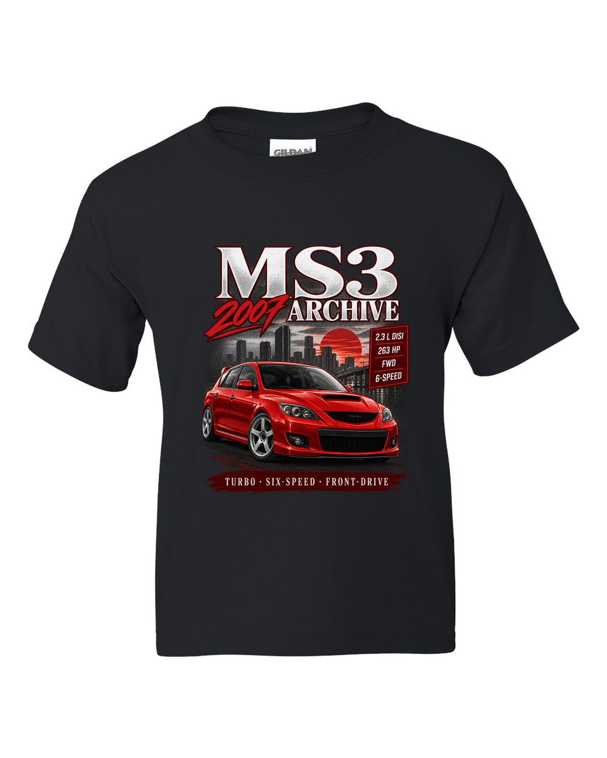 Mazdaspeed3 front three-quarter archive panel with MS3 Archive 2007 heading black kids tee front view with the design