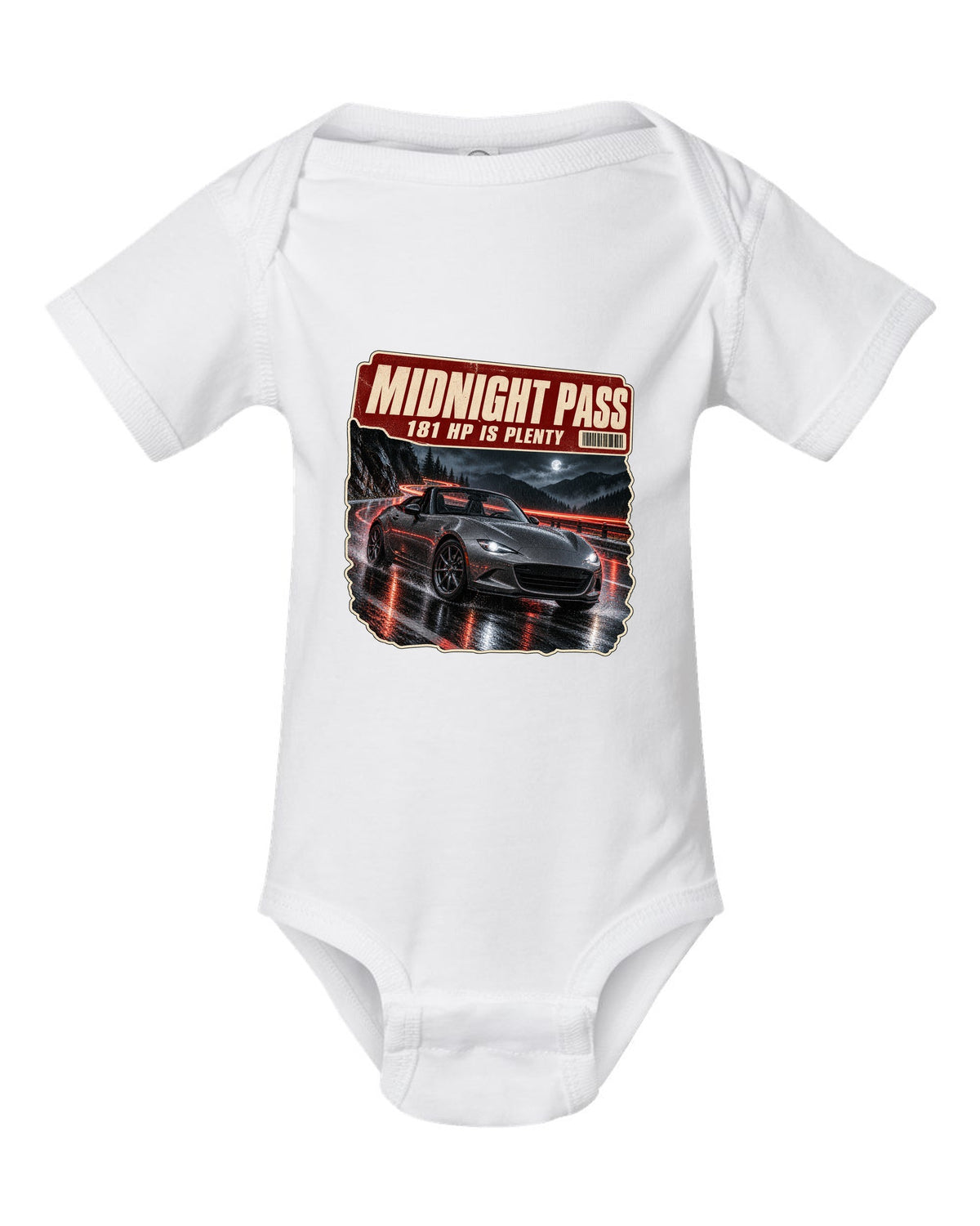 Night mountain pass scene with a 2020 Mazda MX-5 ND RF in Polymetal Grey, poster-style print white baby onesie front view with the design