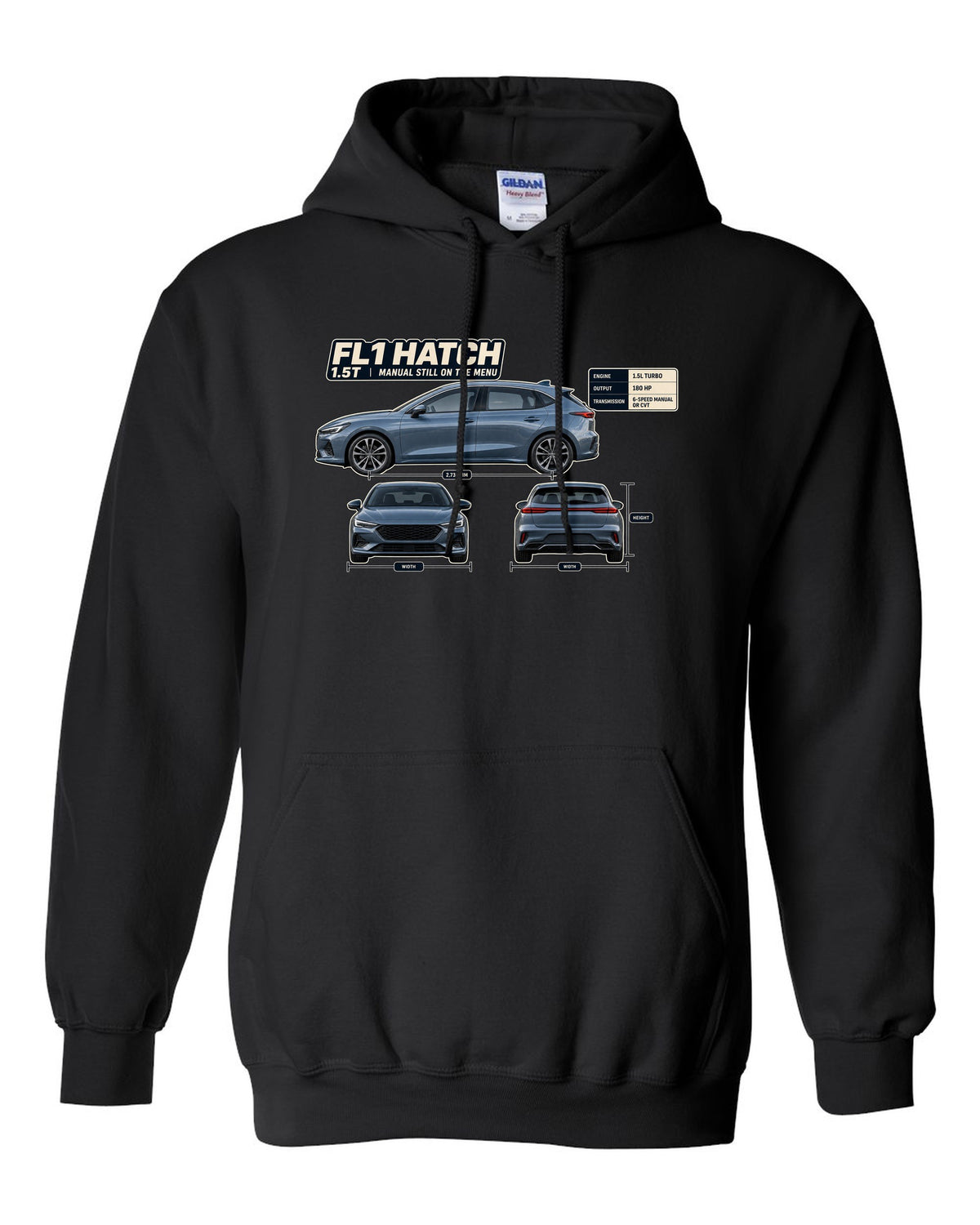 Honda Civic chback FL1 three-view spec table print black pull over hoodie front view with the design