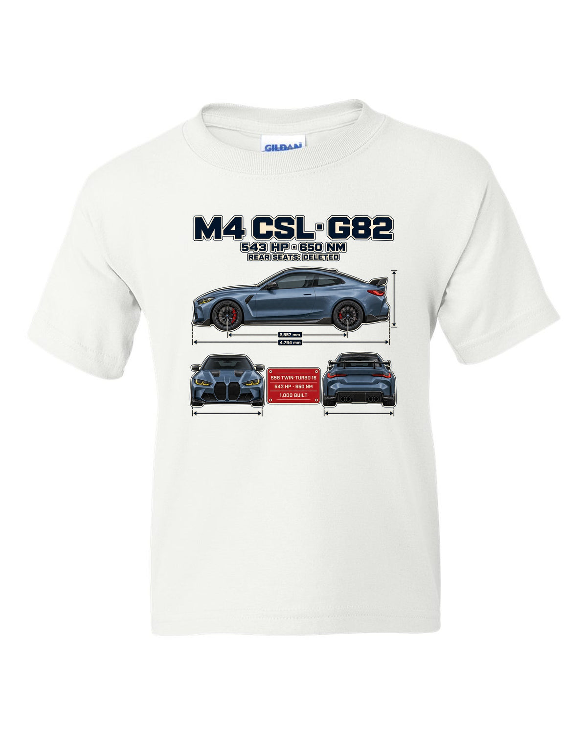 BMW M4 CSL G82 three-view spec table print white kids tee front view with the design