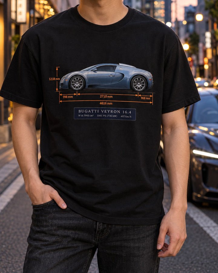 Bugatti Veyron 16.4 Dimension Blueprint Shirt, 8.0 W16 Tee T-Shirt Black worn hero