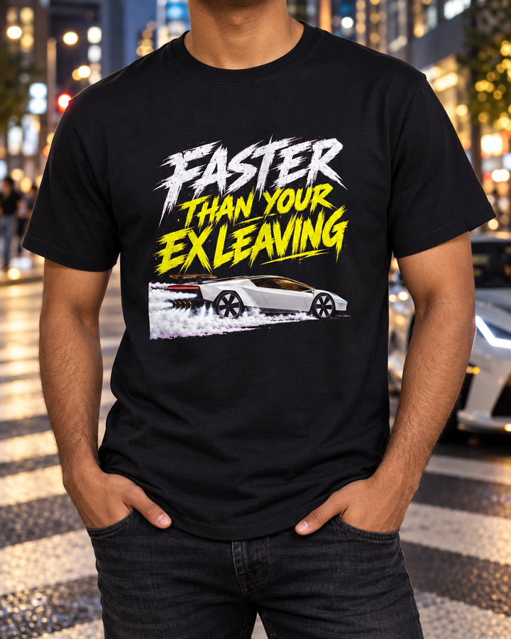 Faster Than Your Ex Leaving Tesla Roadster Shirt, Hoodie & More T-Shirt Black worn hero