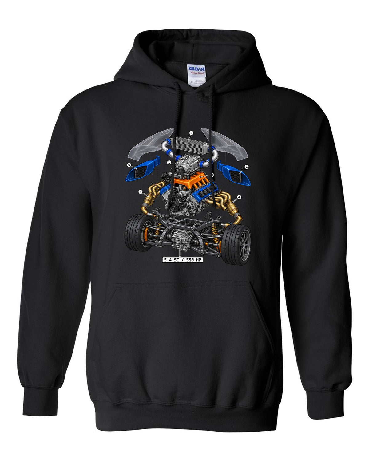 Ford GT 2005-2006 supercharged V8 in an isometric exploded view print black pull over hoodie front view with the design