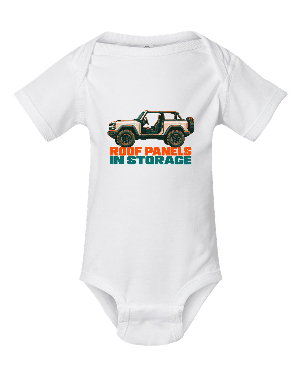 Risograph two-colour print of the Ford Bronco two-door U725 with roof panels in storage text white baby onesie front view with the design