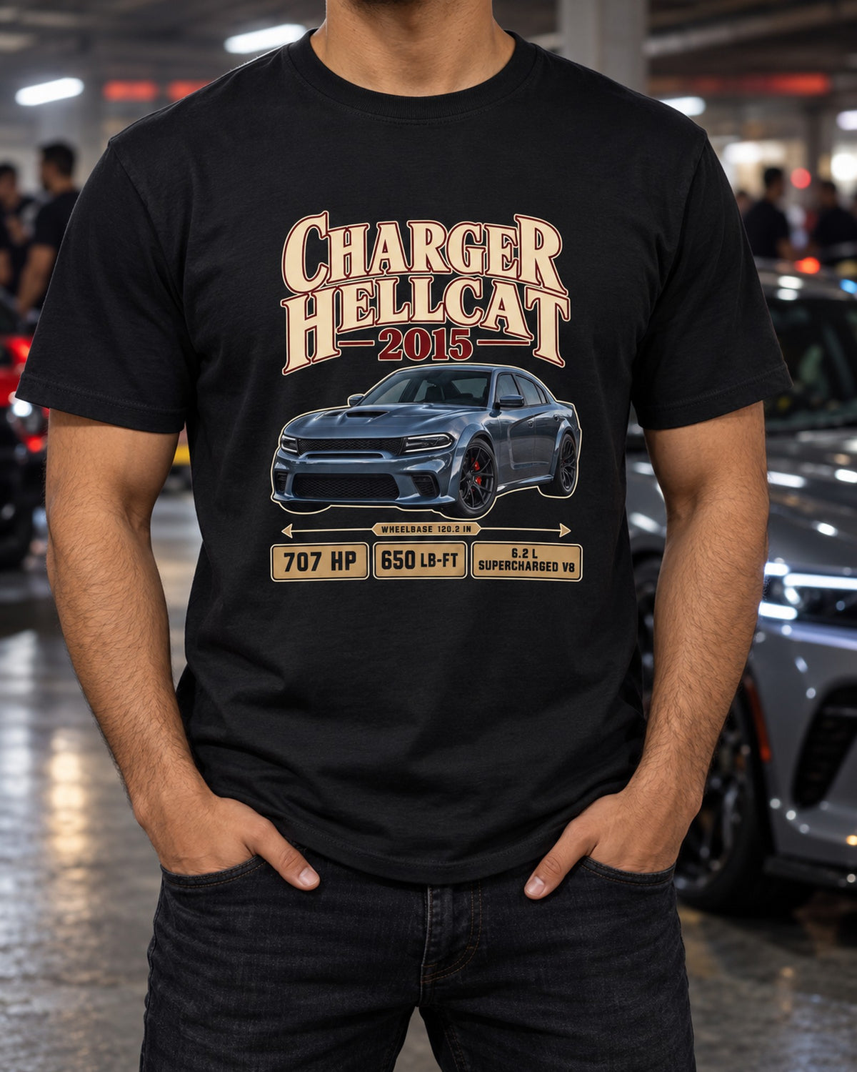 2015 Charger SRT Hellcat Archive Panel Shirt, 650 lb-ft T-Shirt Black worn hero