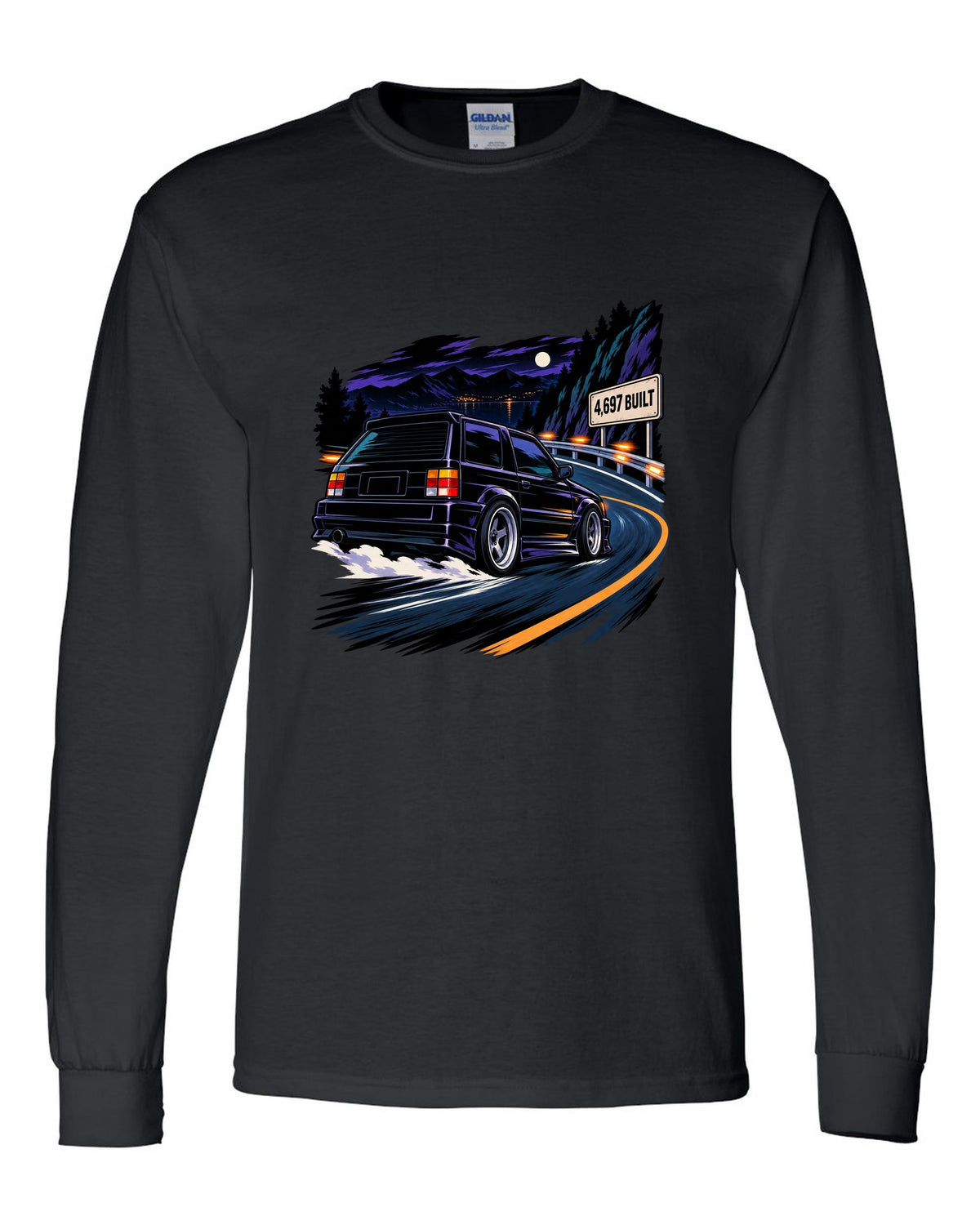 Cel-shaded 90s anime night touge scene with a 1992-93 GMC Typhoon and 4,697 BUILT text black long sleeve front view with the design