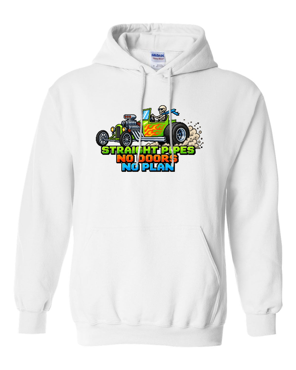8/16-bit pixel art print of a Ford T-bucket hot rod with Straight Pipes No Doors lettering white pull over hoodie front view with the design