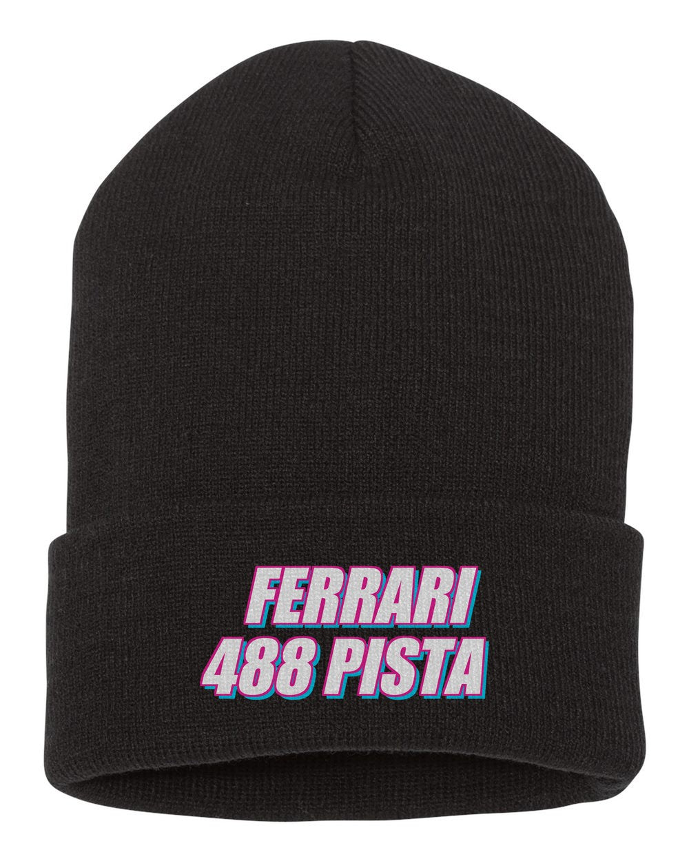 Ferrari 488 Pista black beanie front view with car name