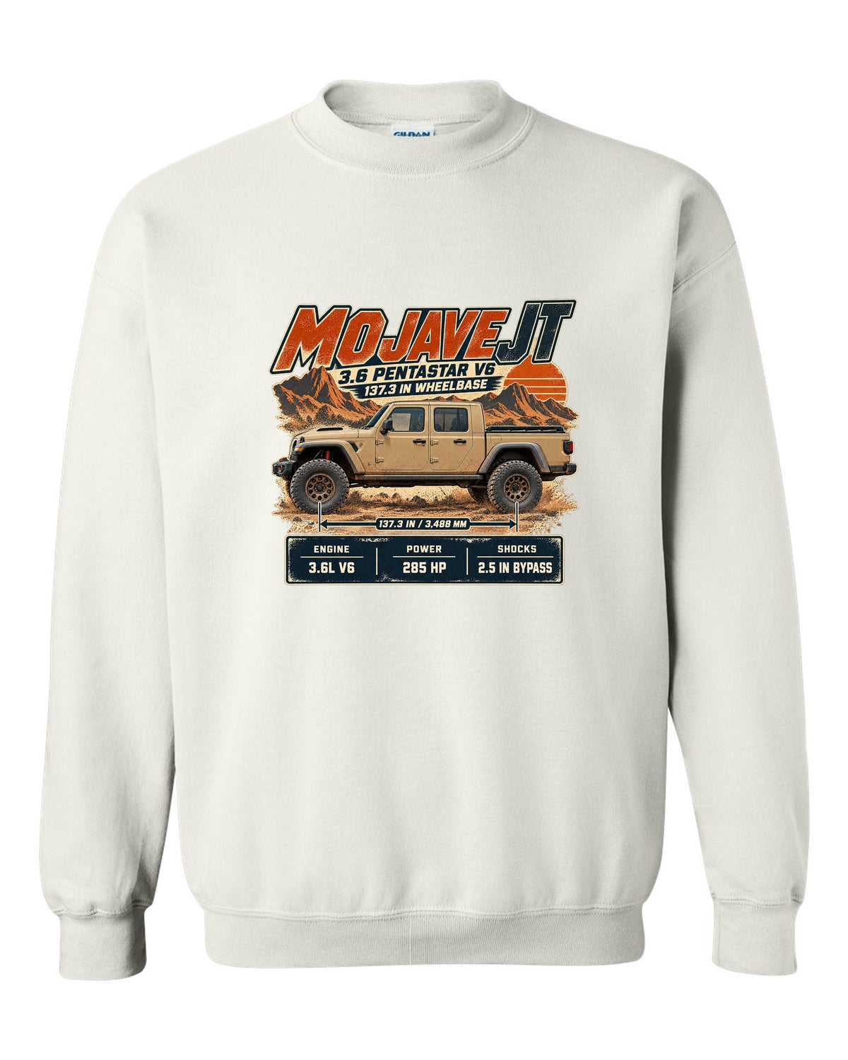 Spec poster print for the Jeep Gladiator Mojave JT with engine and wheelbase white crewneck front view with the design