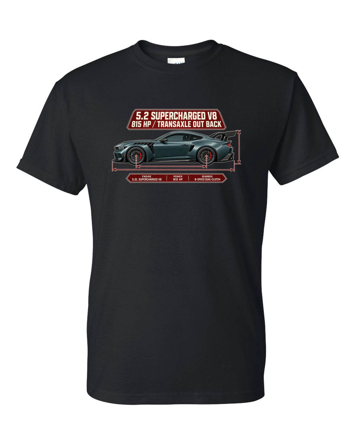 print of a Mustang GTD dimension blueprint with 5.2 supercharged V8 and 815 HP text black t-shirt front view with the design