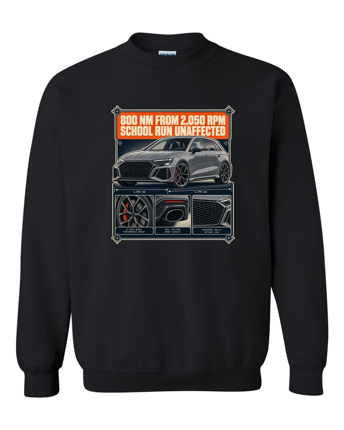 Dossier panels for the Audi RS6 Avant C8 noting 800 Nm from 2,050 rpm black crewneck front view with the design