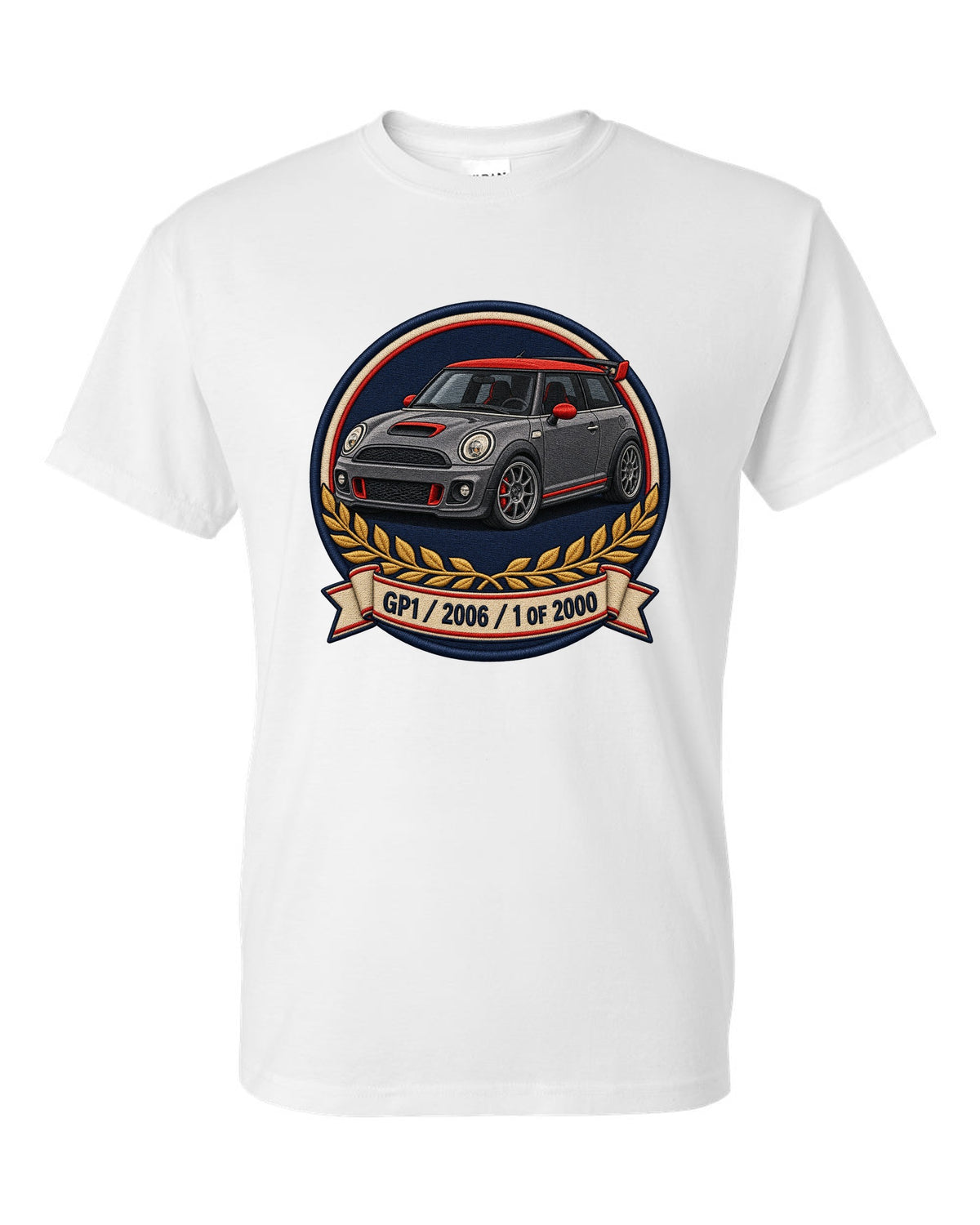 Varsity crest for the Mini Cooper GP1 2006, 1 of 2000 white t-shirt front view with the design