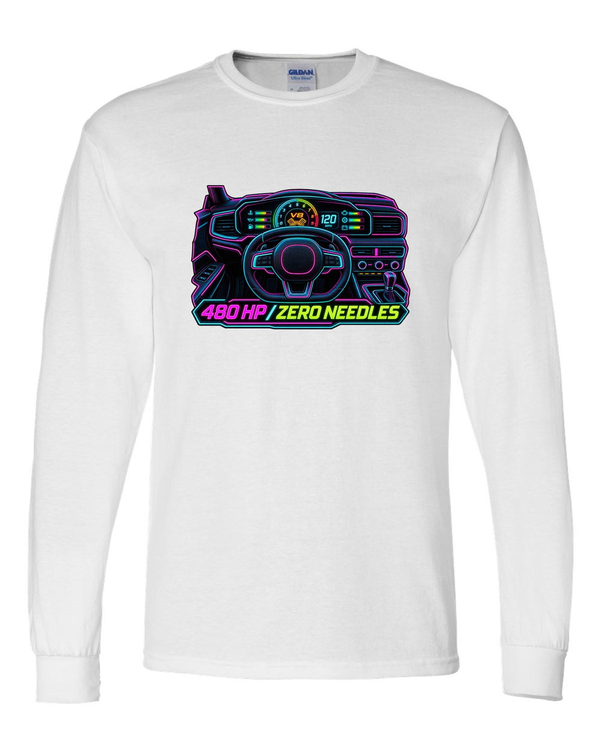 Neon gauge-cluster HUD print of a Ford Mustang S650 GT 2024 with 480 HP text white long sleeve front view with the design