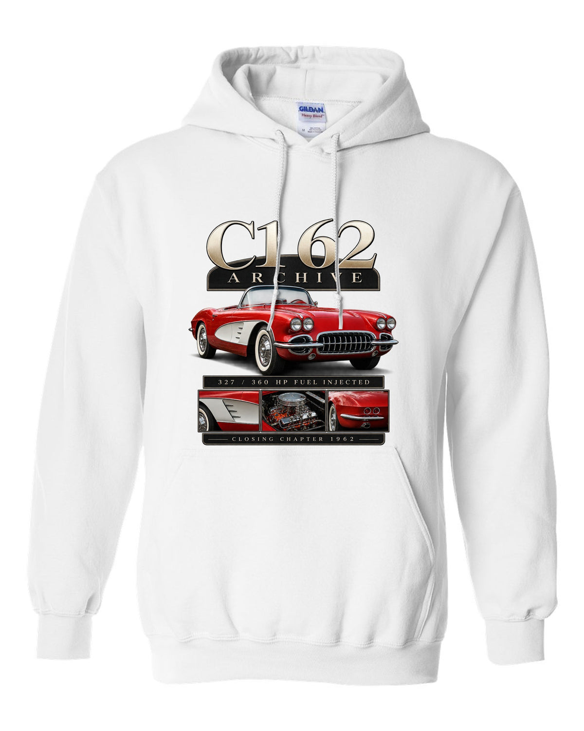 Corvette C1 1962 solid-axle roadster archive panel white pull over hoodie front view with the design