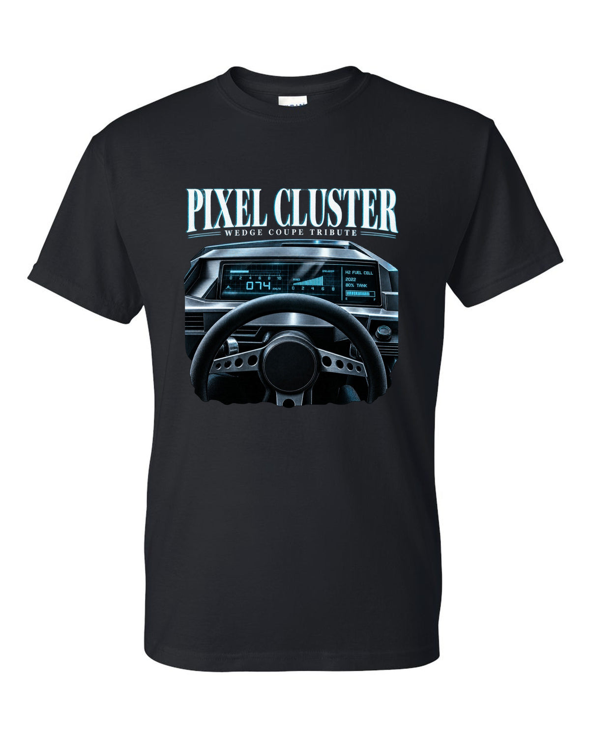 Hyundai N Vision 74 cockpit gauge print with pixel cluster and fuel cell readout black t-shirt front view with the design