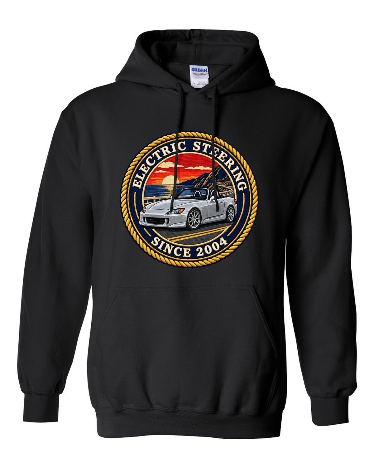 Embroidery-style round crest print of a 2004 Honda S2000 AP2 roadster black pull over hoodie front view with the design