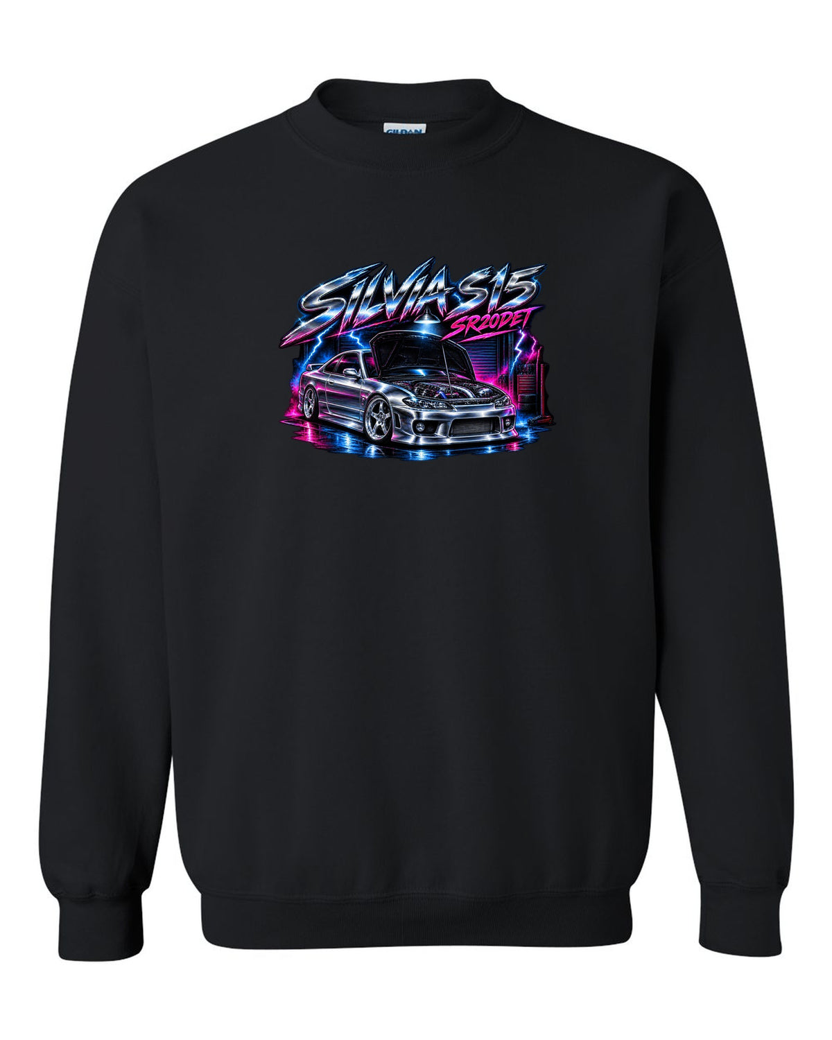 Airbrush chrome poster print of a Nissan Silvia S15 with SR20DET lettering black crewneck front view with the design
