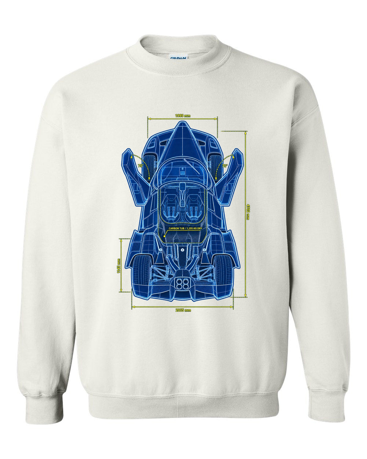 Technical top-plan blueprint print of a 2002 Ferrari Enzo F140 with carbon tub and 1,255 KG dry text white crewneck front view with the design