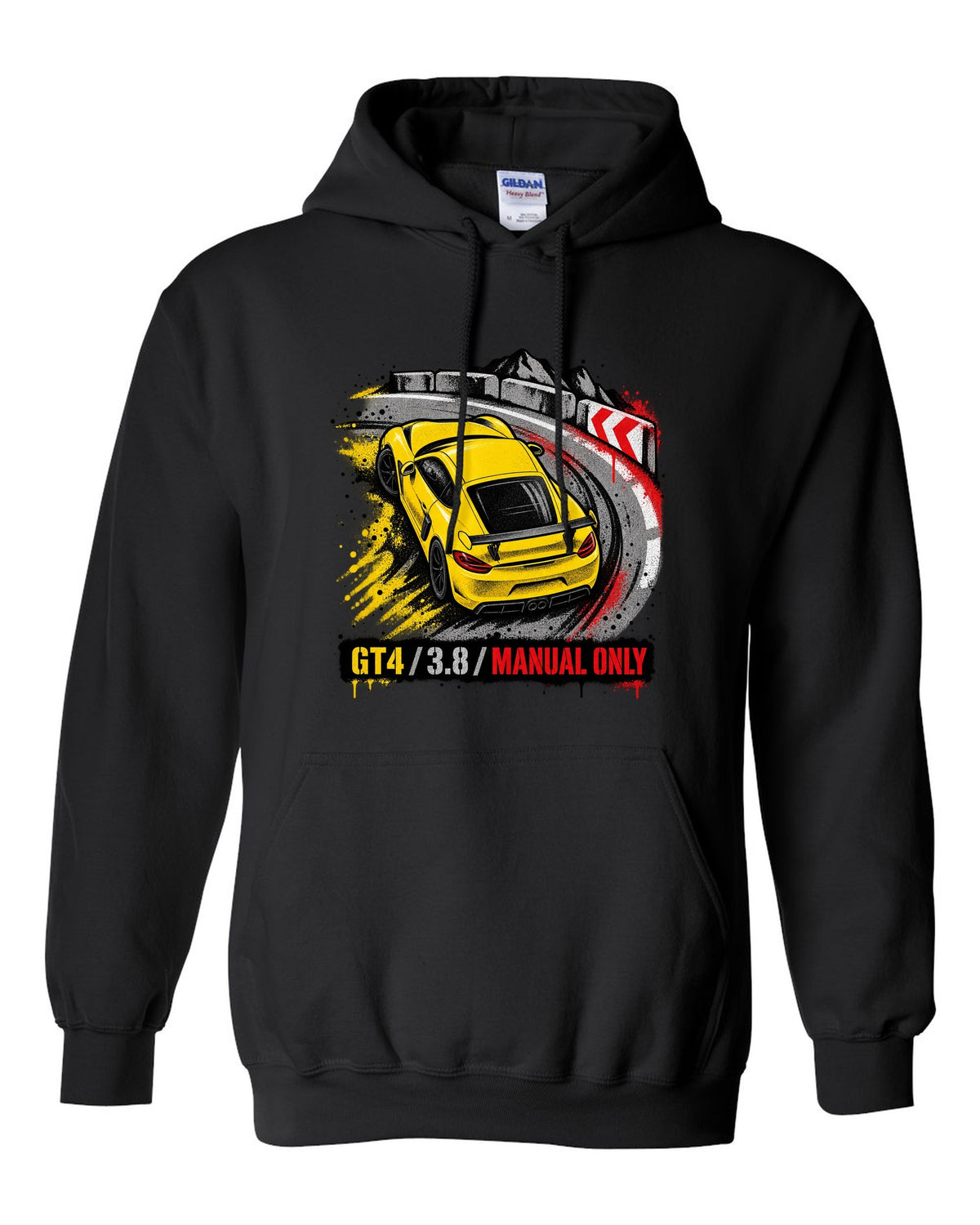 Engraved tachometer illustration for the Porsche 911 GT3 RS 991.2 black pull over hoodie front view with the design