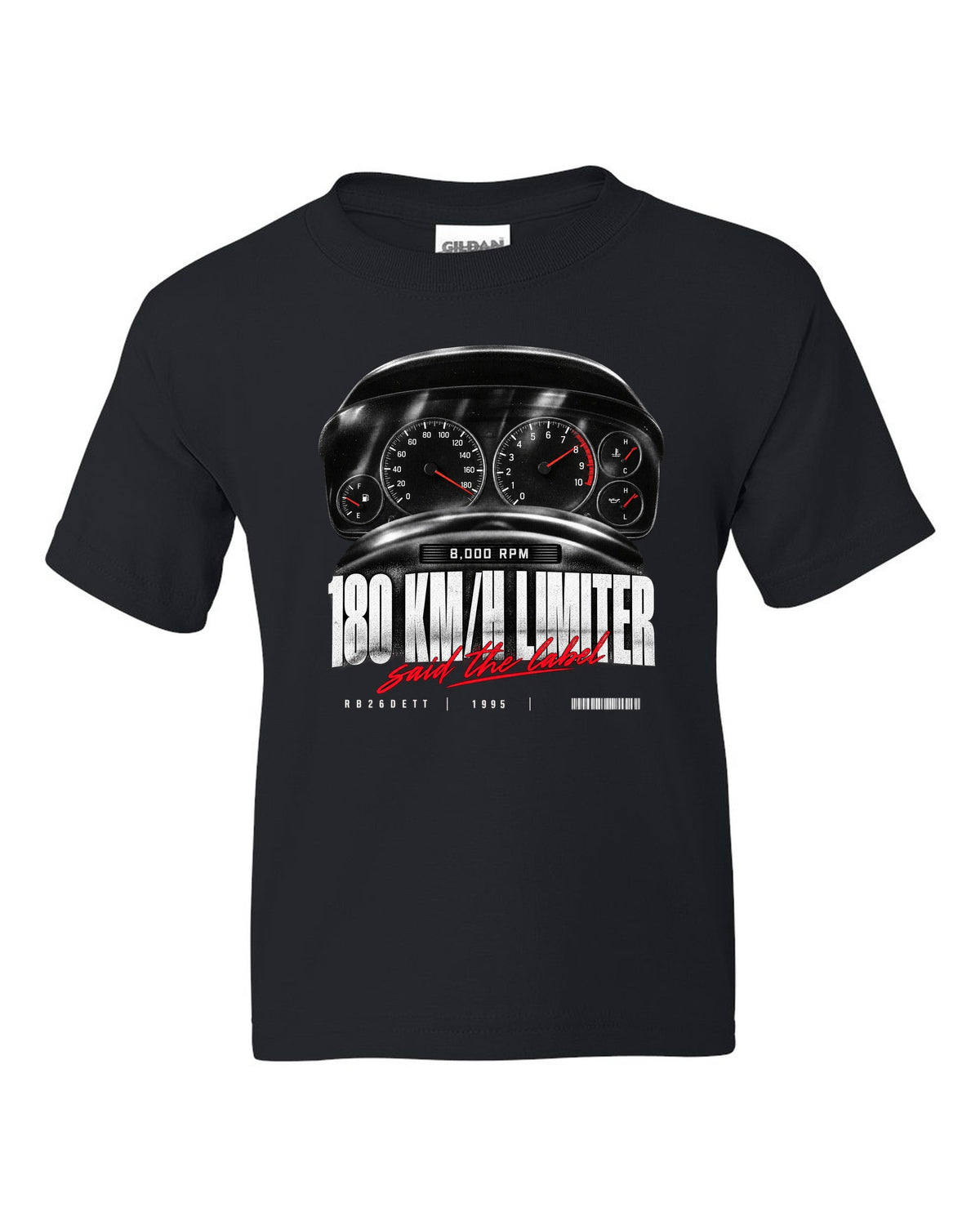 Instrument cluster of a Nissan Skyline GT-R R33 showing 180 km/h and 8,000 rpm with limiter caption black kids tee front view with the design