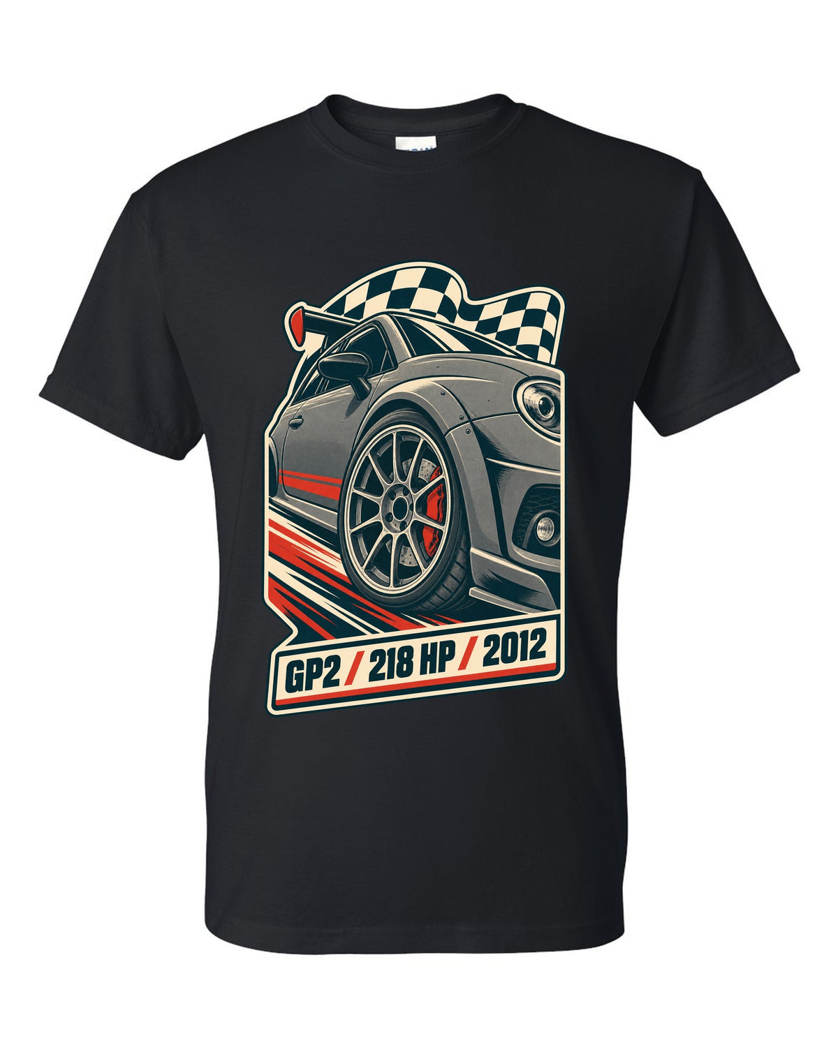 Vintage race poster of the Mini Cooper GP2 R56 with 218 HP and 2012 text black t-shirt front view with the design