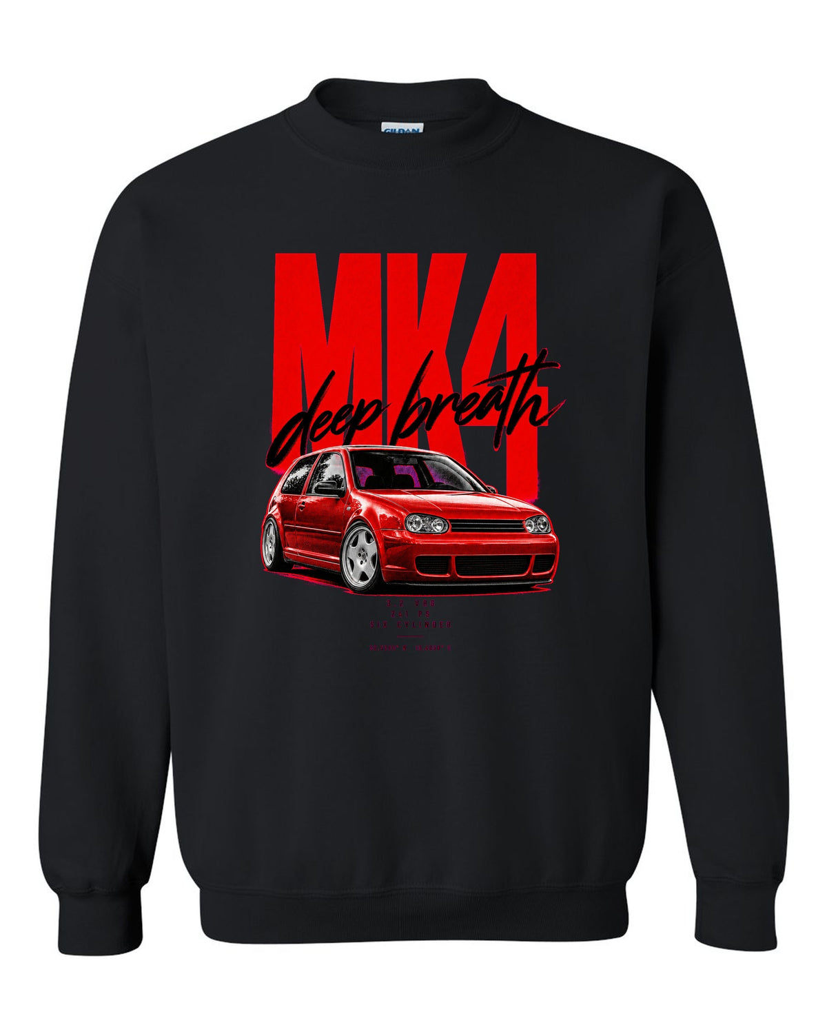 VW Golf R32 Mk4 2002 front three-quarter street poster with 241 PS text black crewneck front view with the design