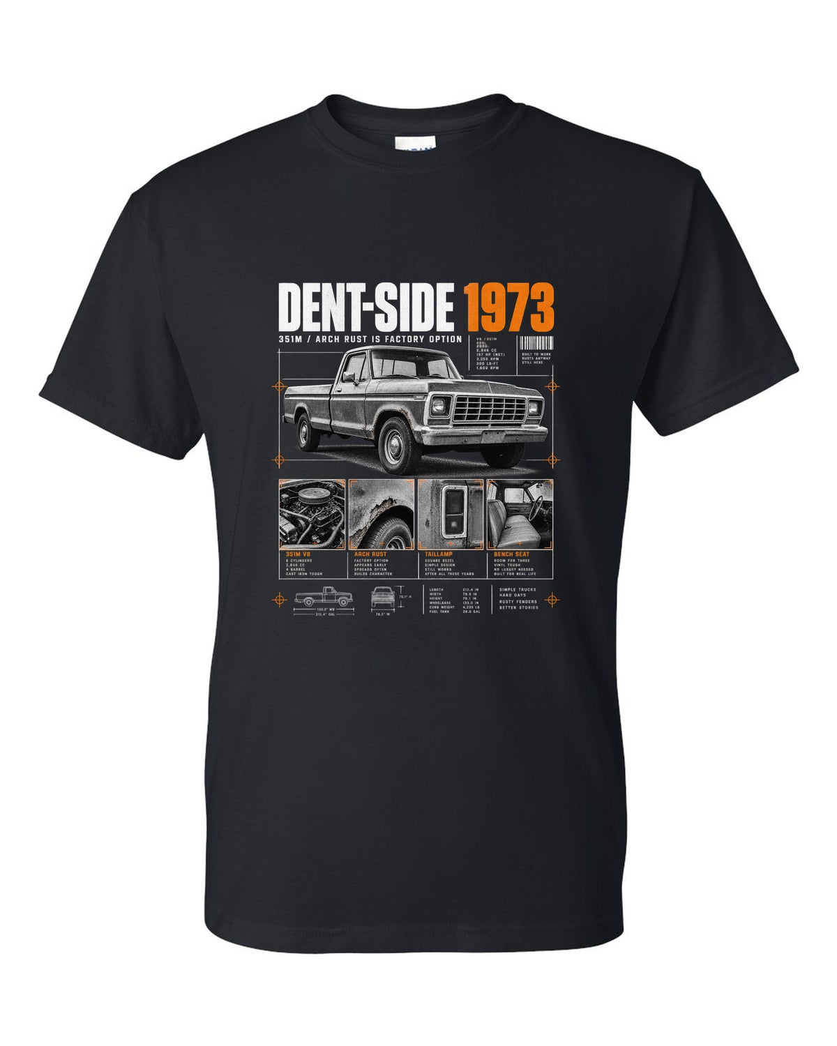 Ford F-150 Dent-Side 1973 351M Rust Dossier Panel black t-shirt front view with the design