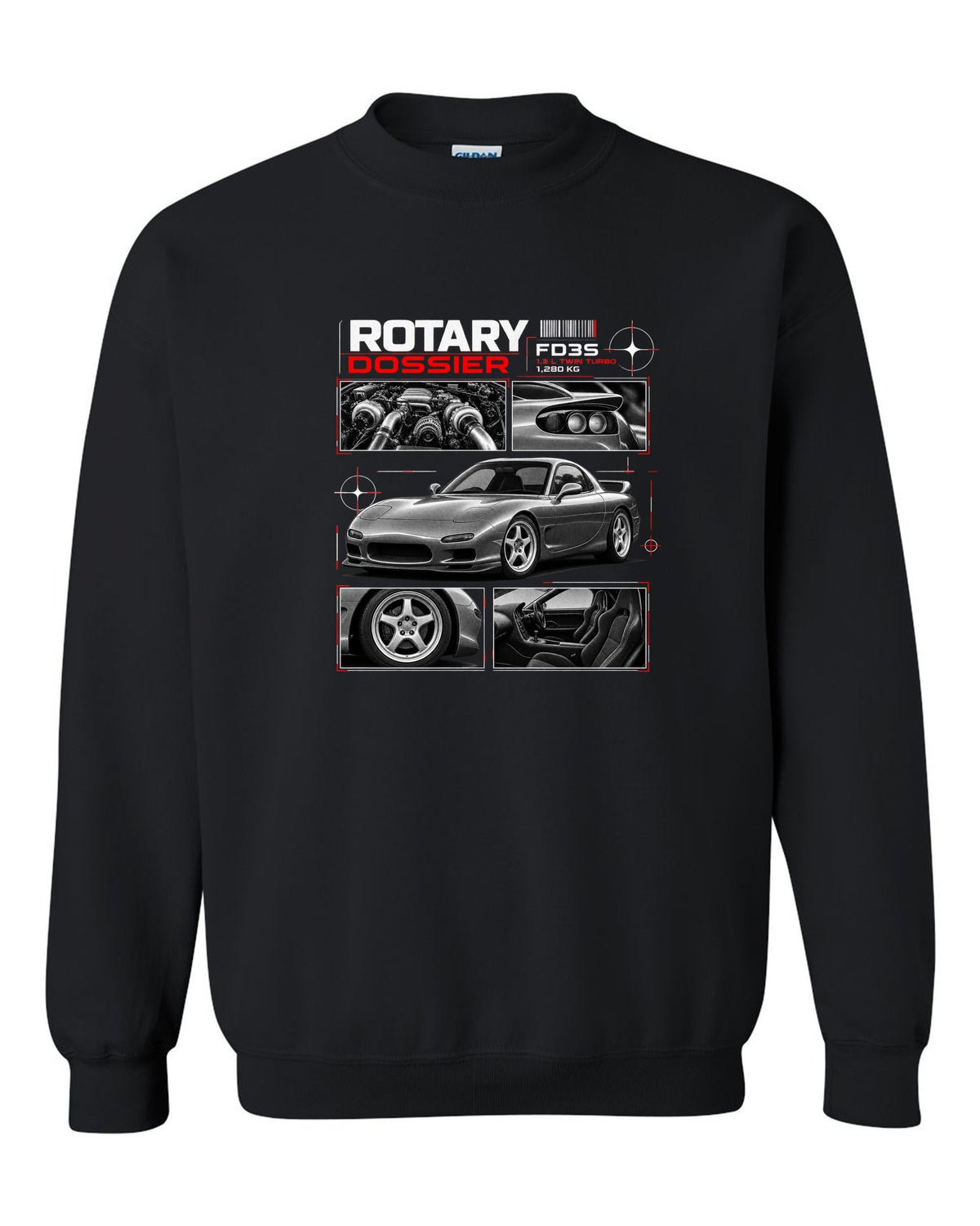 Dossier print of a Mazda RX-7 FD3S front three-quarter with detail panels black crewneck front view with the design