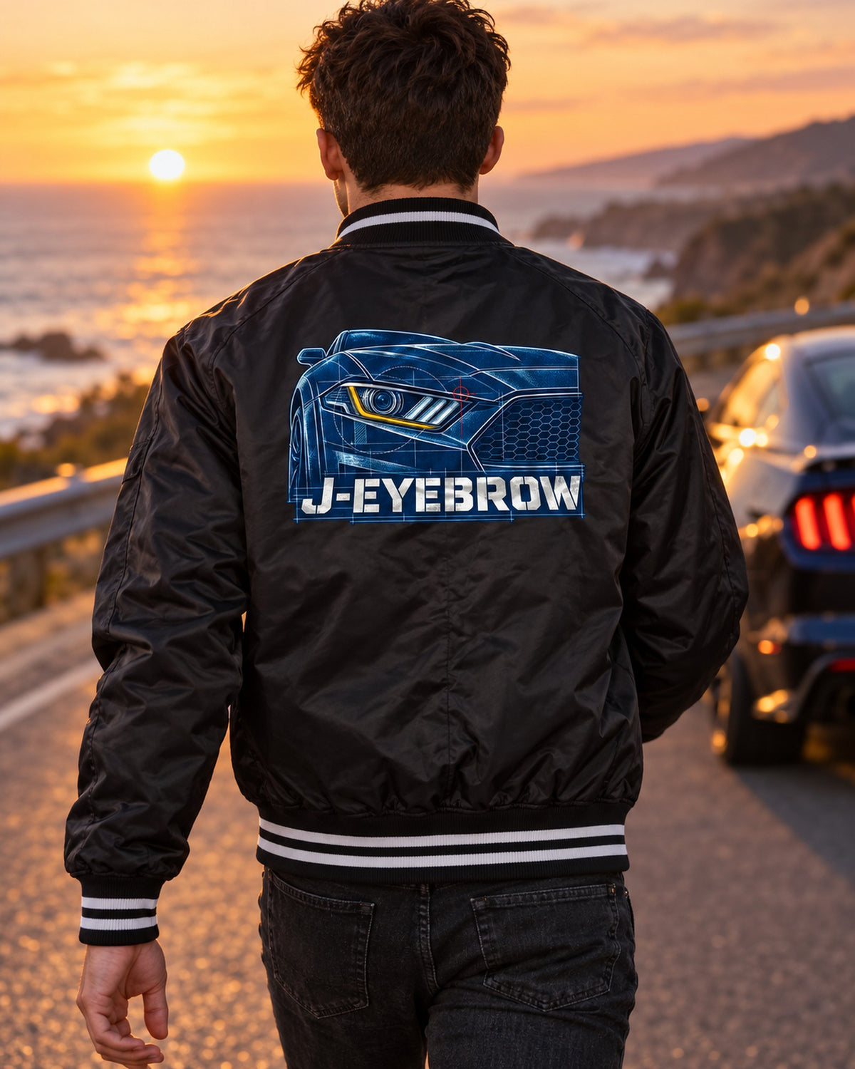 S550 Mustang Fastback J-Eyebrow Cyanotype Blueprint Shirt Bomber Jacket Black worn hero