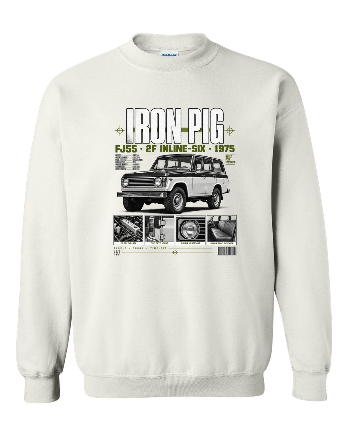 Dossier panel print of a Toyota Land Cruiser FJ55 wagon with Iron Pig and 2F text white crewneck front view with the design