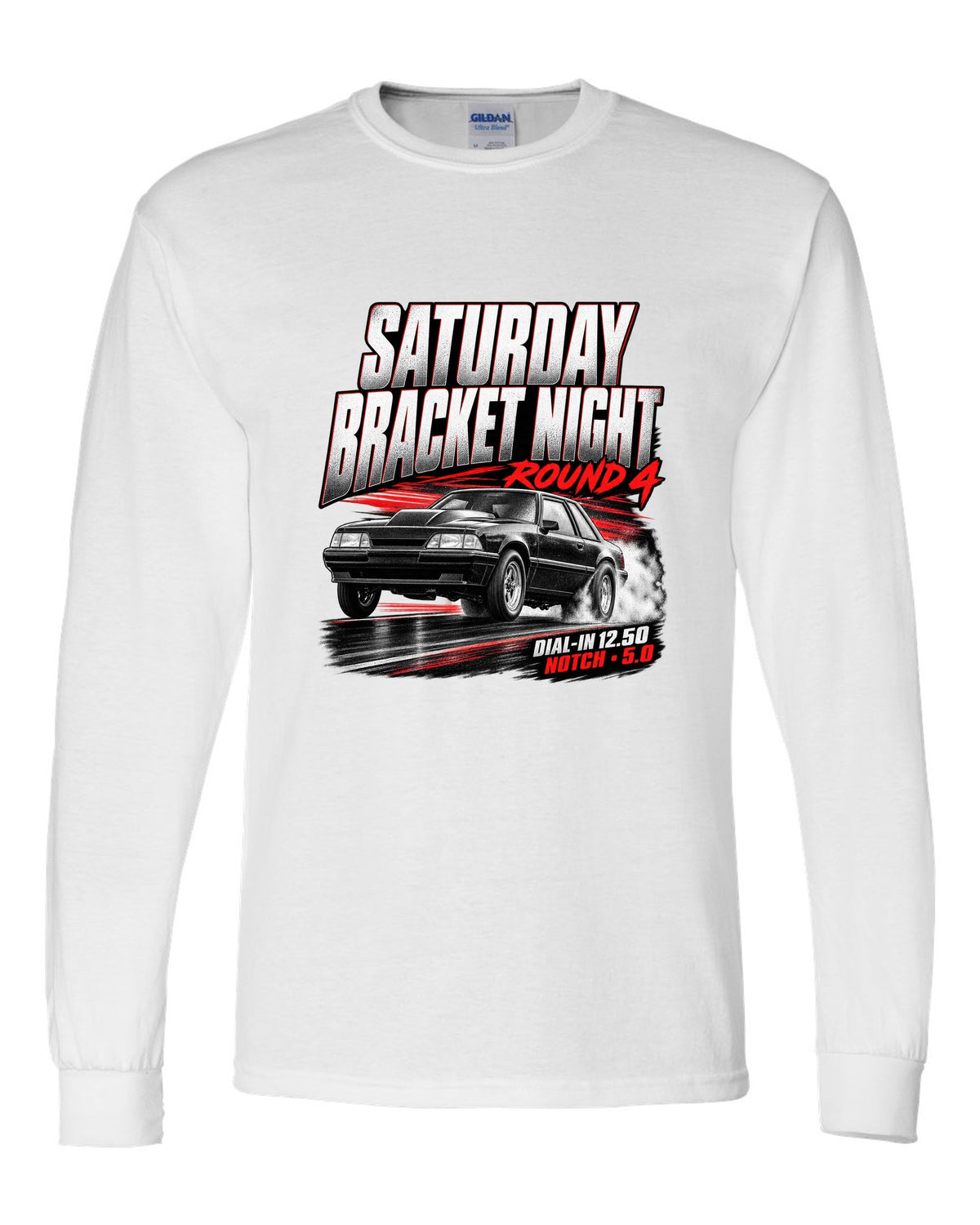 Race poster illustration of a Fox body Mustang notchback drag build for bracket night round 4 white long sleeve front view with the design