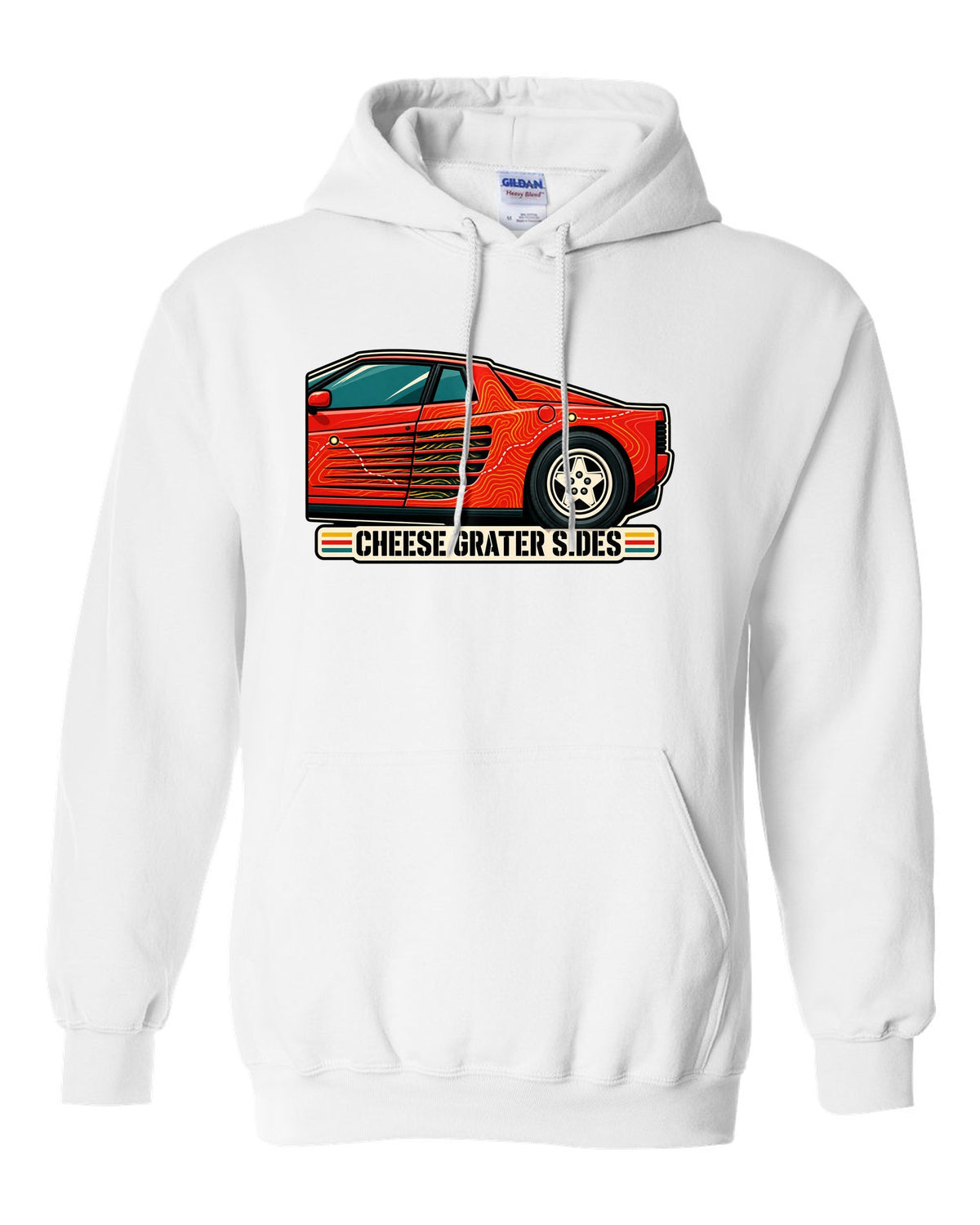 Topographic contour line print of the Ferrari Testarossa F110 with the text cheese grater sides white pull over hoodie front view with the design