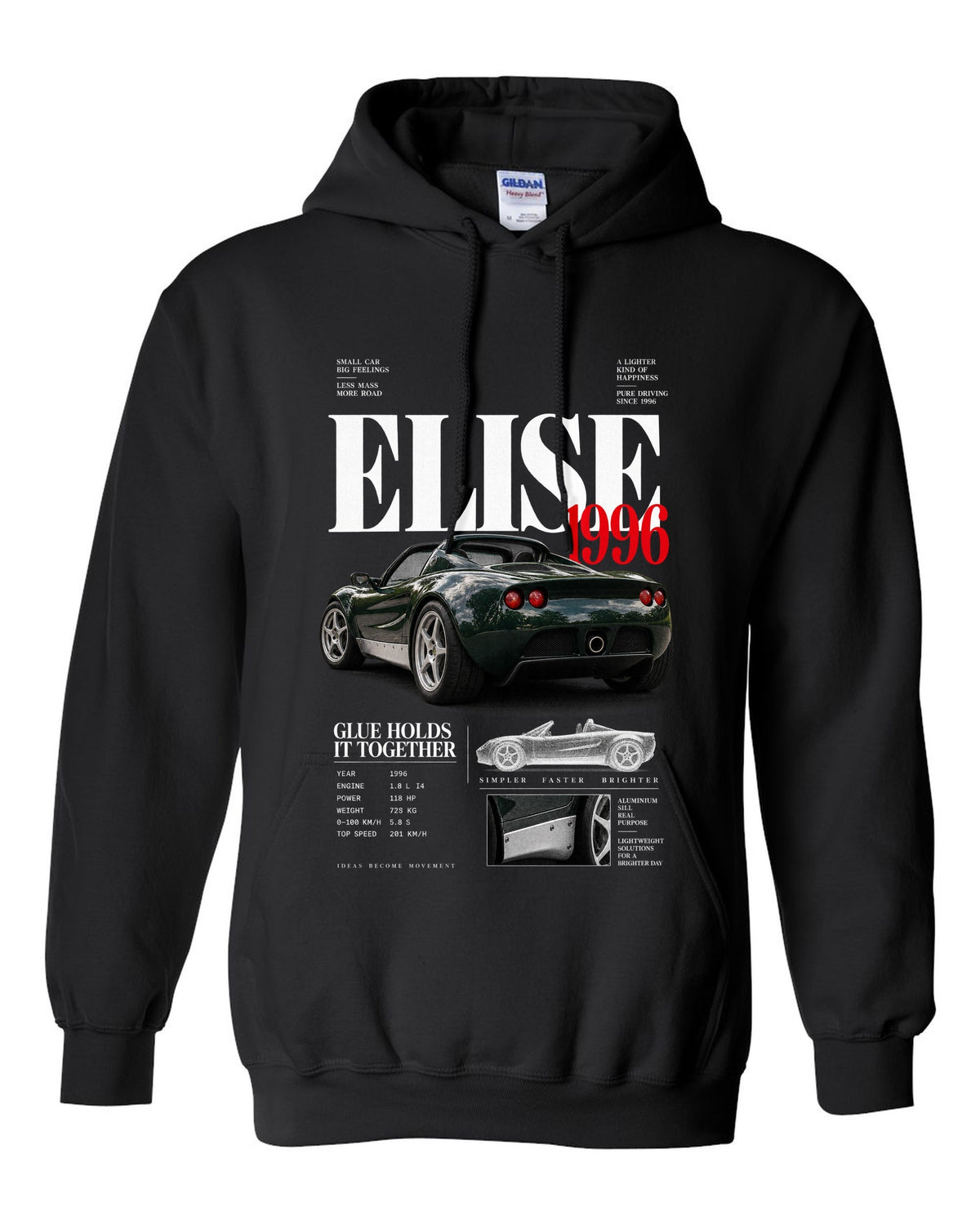 Editorial headline print for a 1996 Lotus Elise S1 with glue holds it together text black pull over hoodie front view with the design
