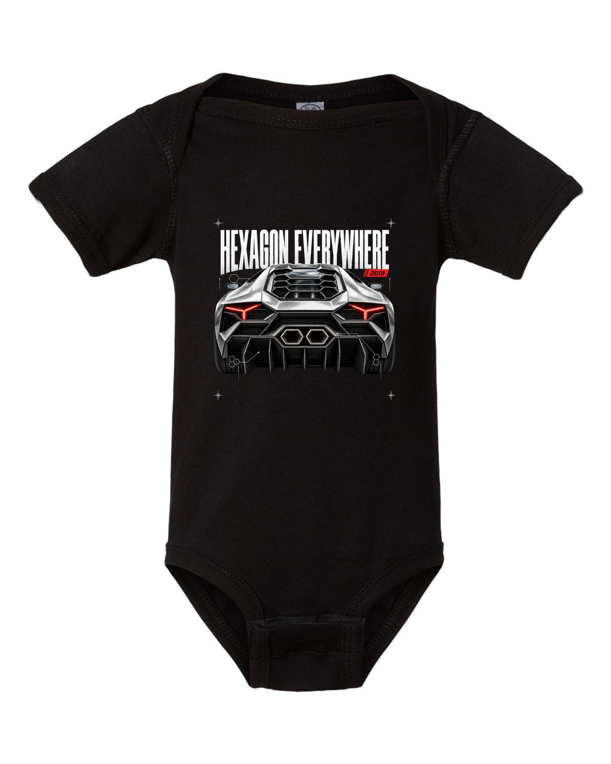 Detail macro print of a Lamborghini Huracan Evo LP640-4 with Hexagon Everywhere text black baby onesie front view with the design