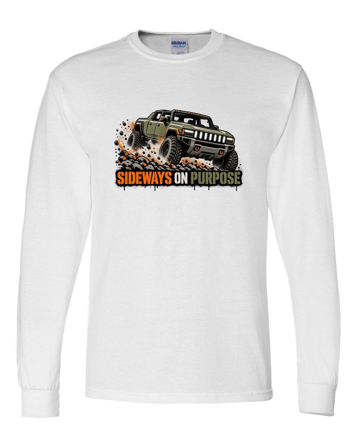 GMC Hummer EV spray stencil print with the words Sideways On Purpose white long sleeve front view with the design