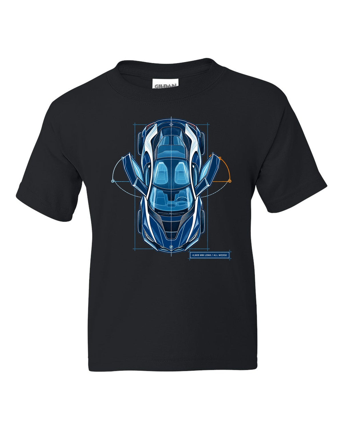 BMW i8 I12 cyanotype blueprint plan view print with 4,689 mm long text black kids tee front view with the design