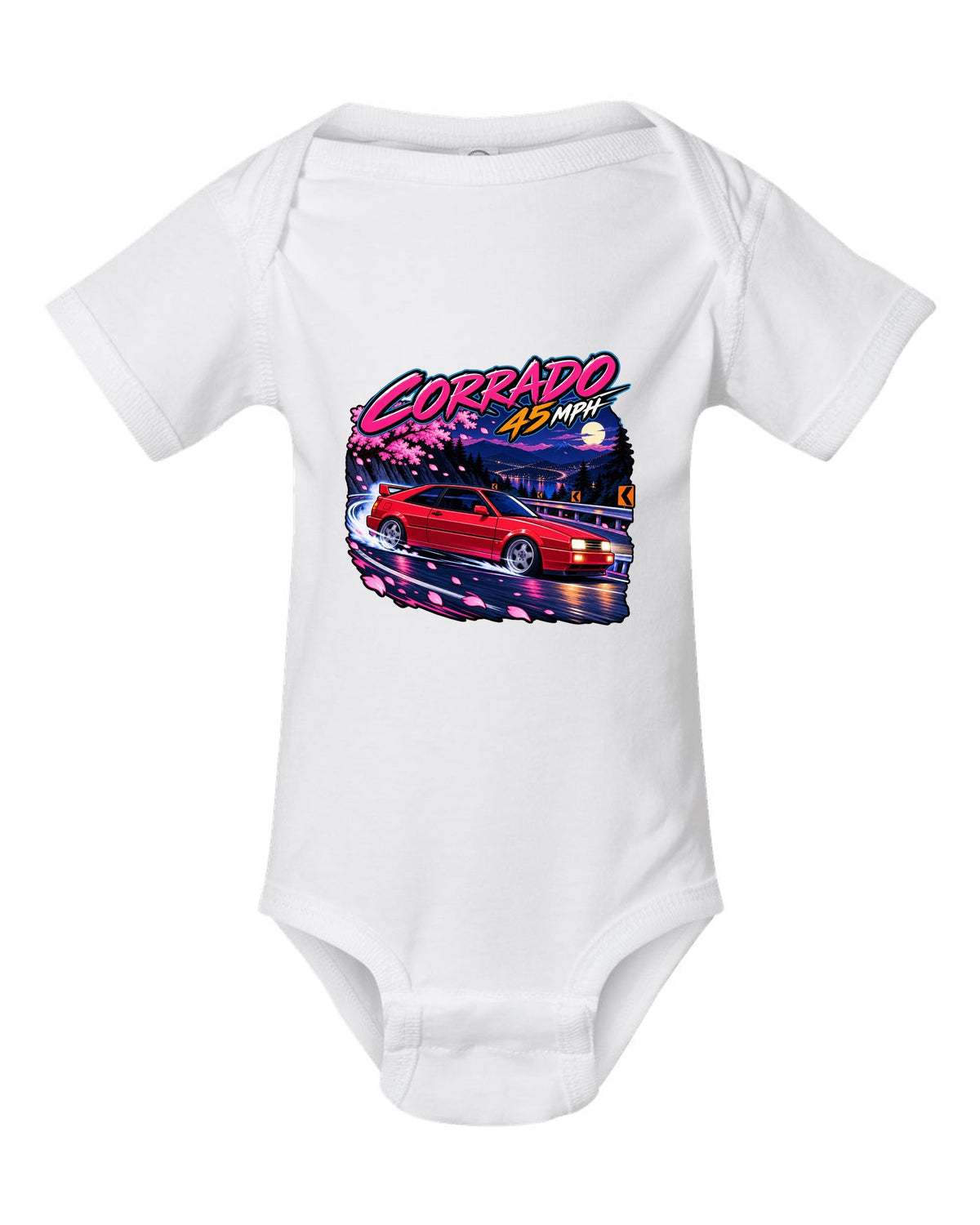 Cel-shaded anime night touge hairpin scene of a VW Corrado VR6 with Corrado 45 mph text white baby onesie front view with the design