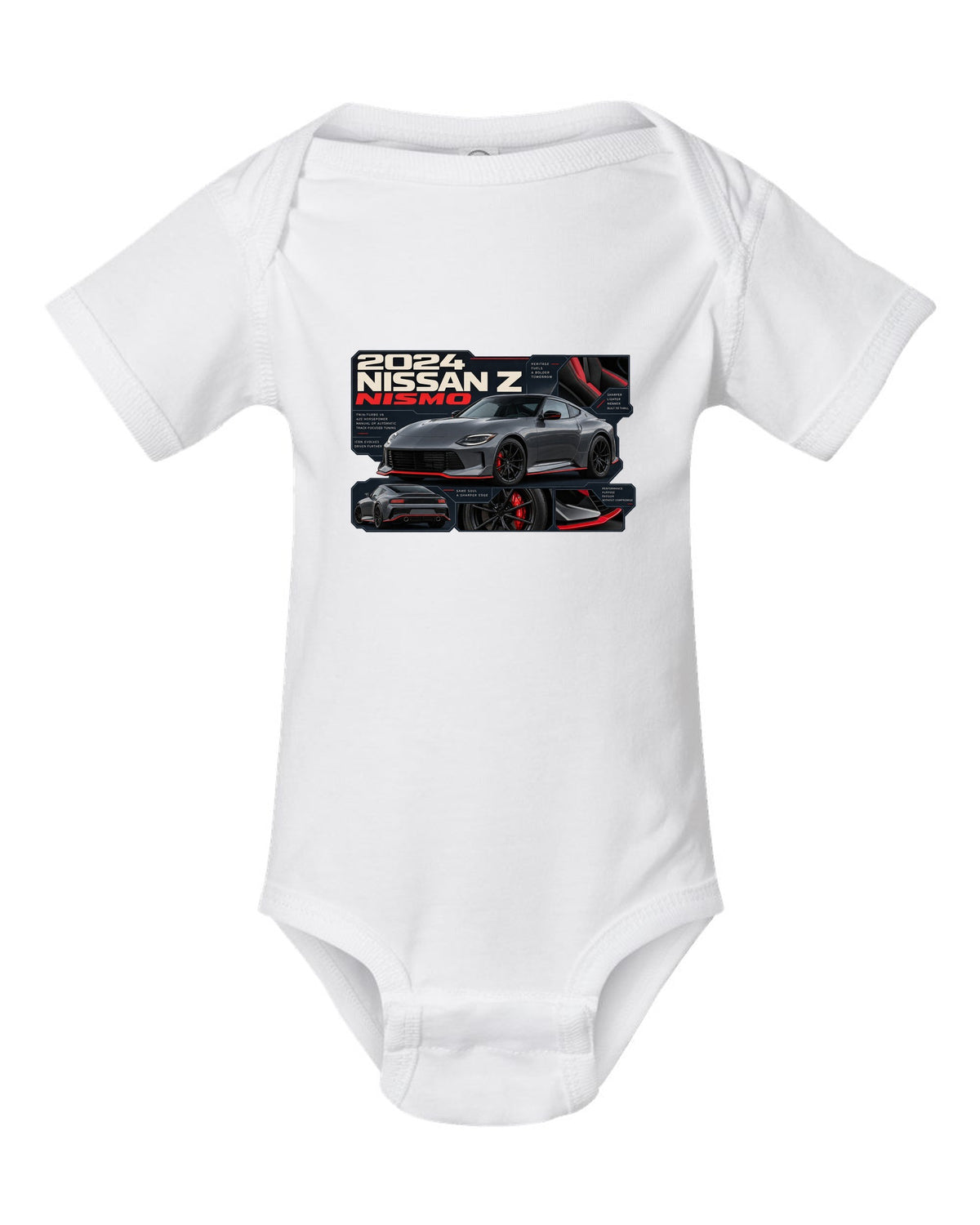 Nissan GT-R50 Italdesign Dossier white baby onesie front view with the design