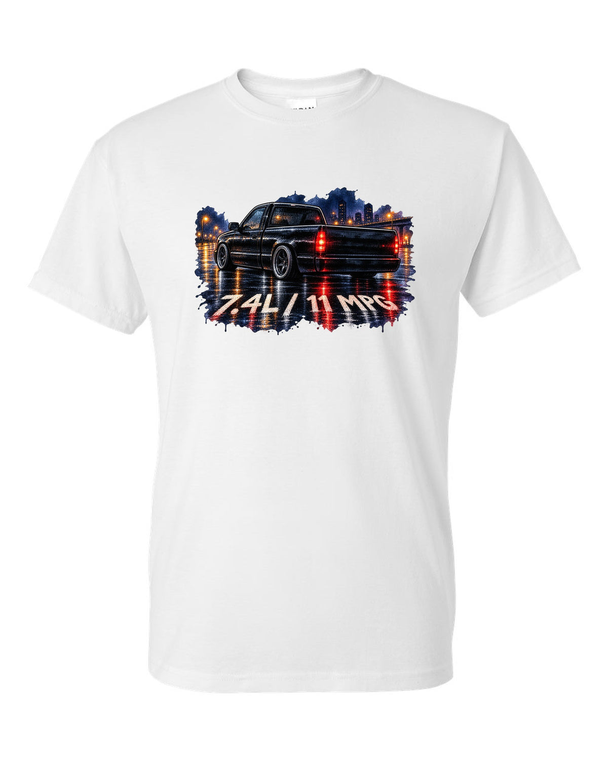 80s airbrush chrome print of a 1990-93 Chevrolet 454 SS pickup with 7.4L and 11 MPG text white t-shirt front view with the design