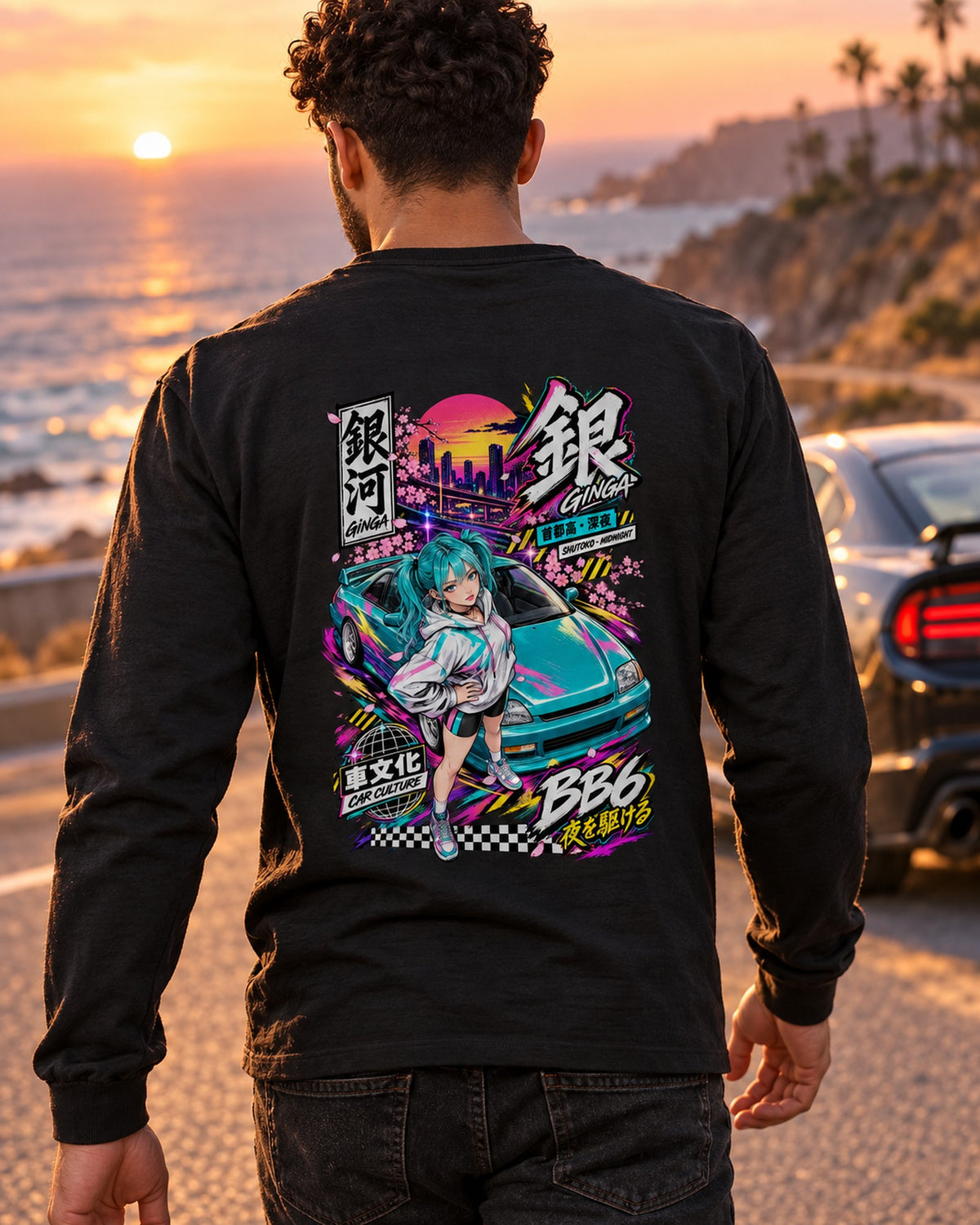 GINGA BB6 Anime Girl Full-Back Graphic Tee Long Sleeve Black worn hero